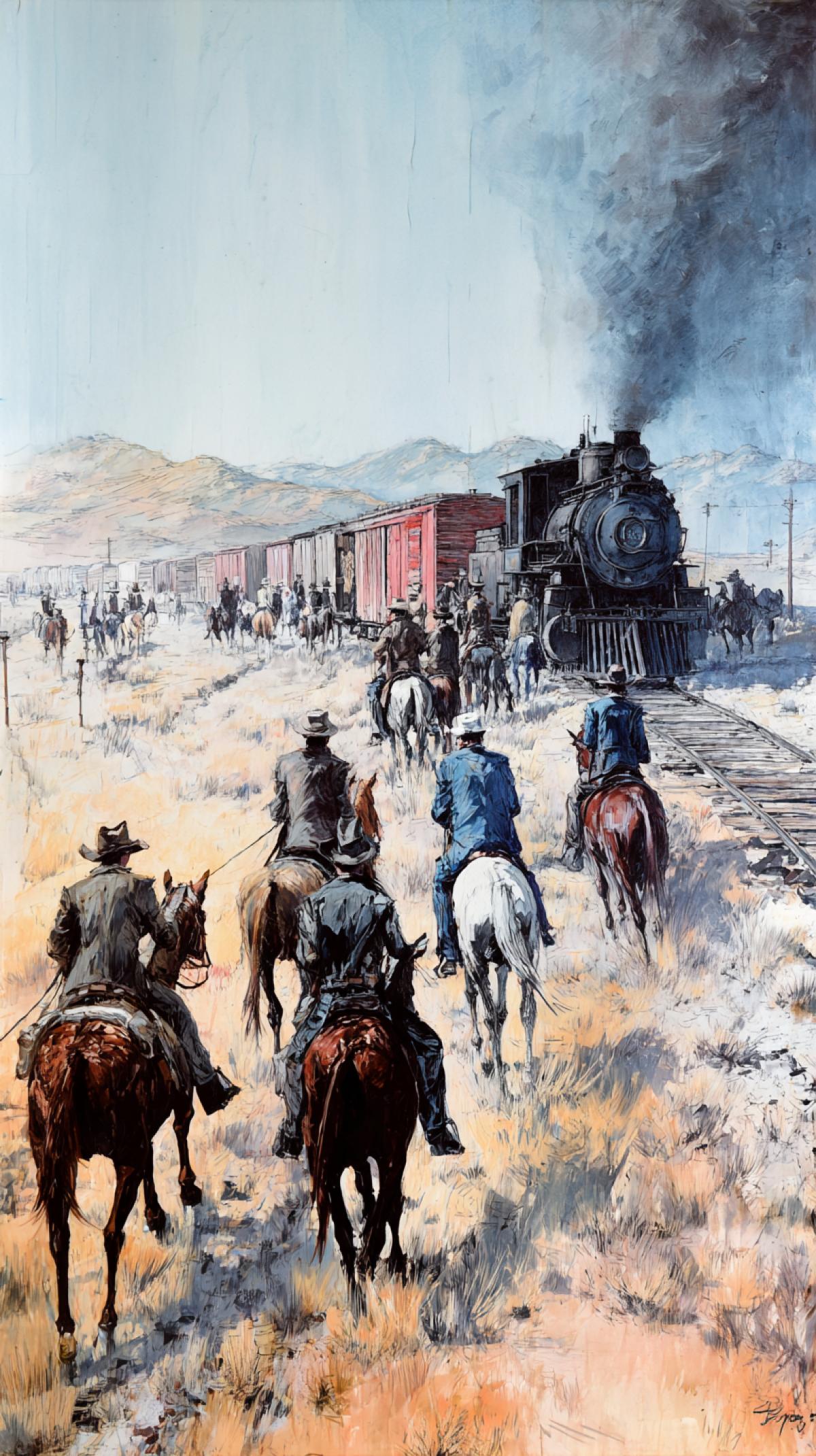 Wild West, cowboys on horses rob train