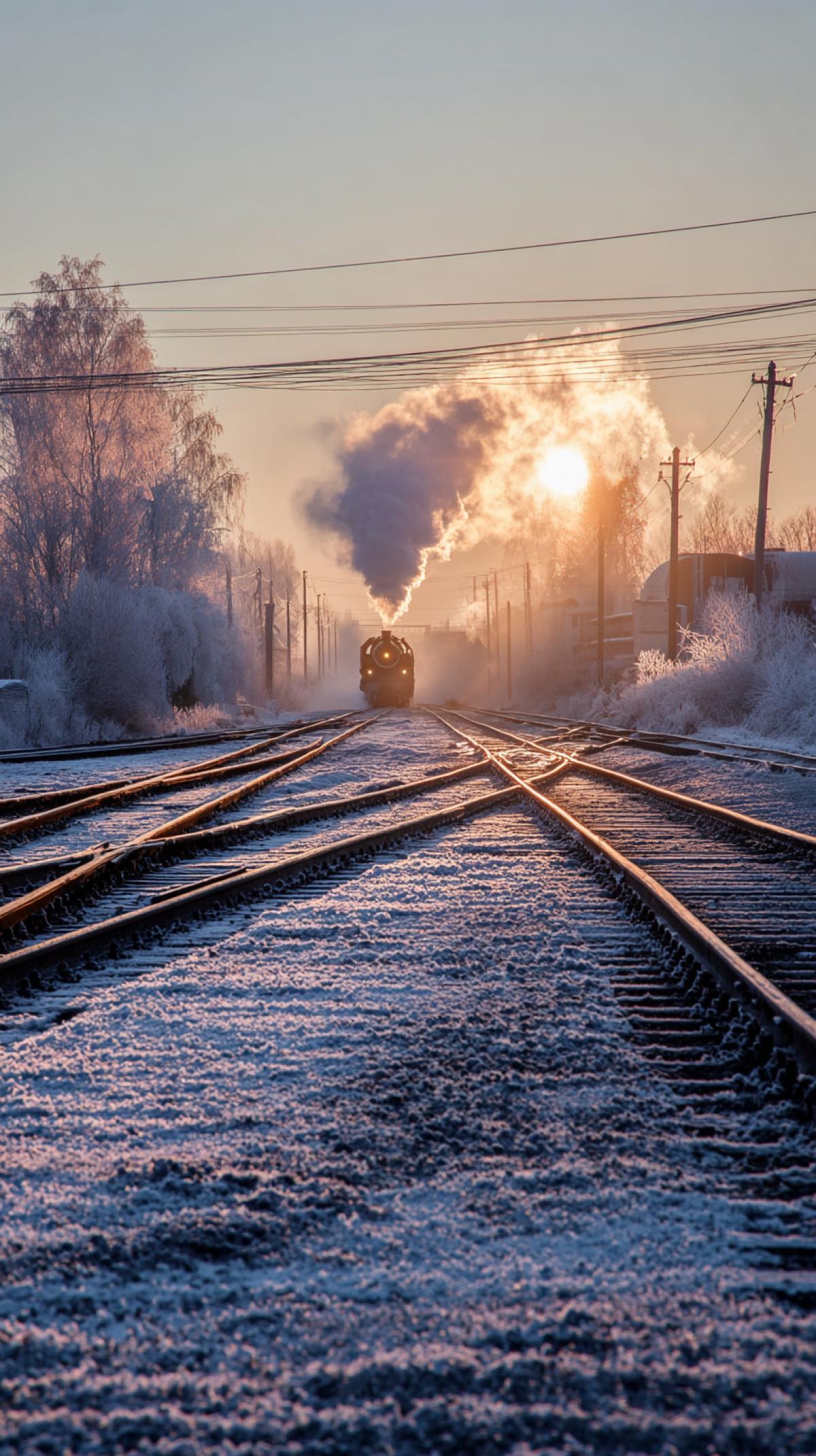 The railway in frost sparkles in the rays of the morning sun, a steam locomotive is approaching against the background