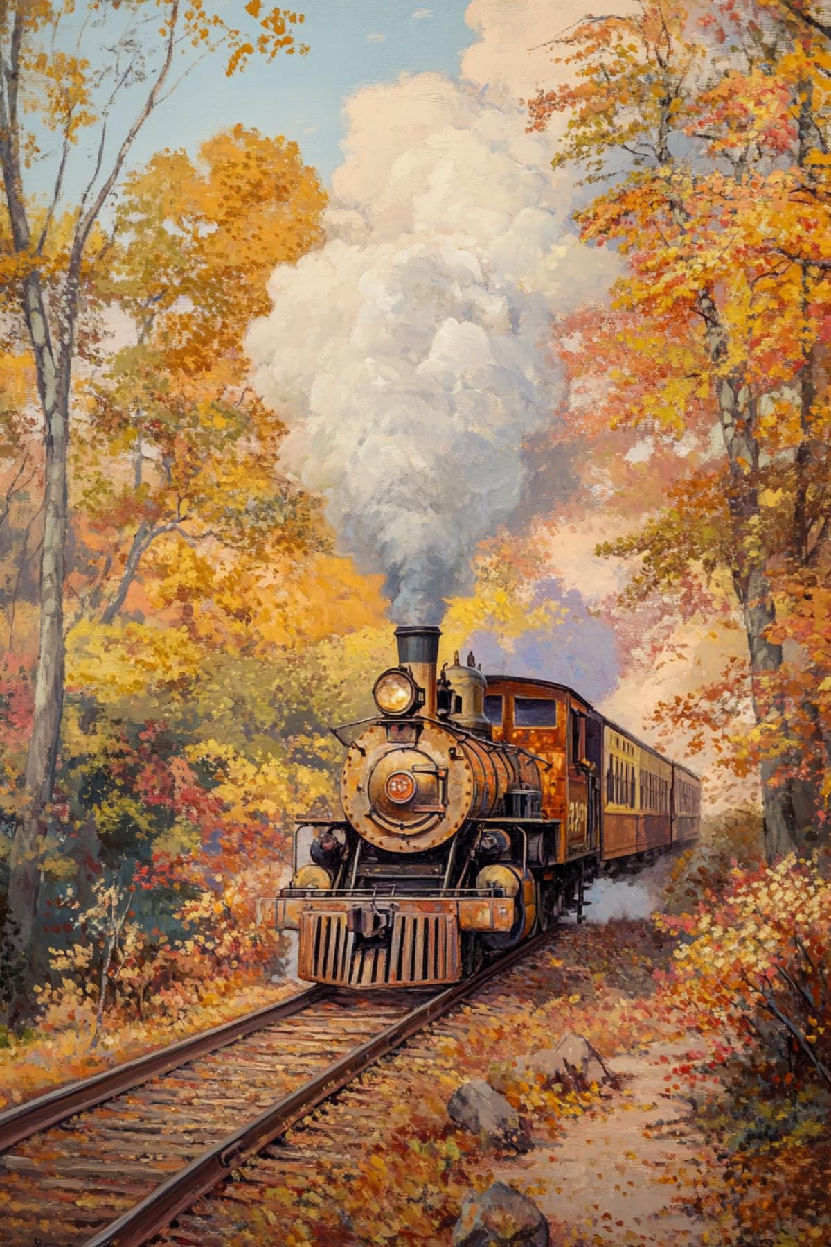 The old train travels along the autumn landscape