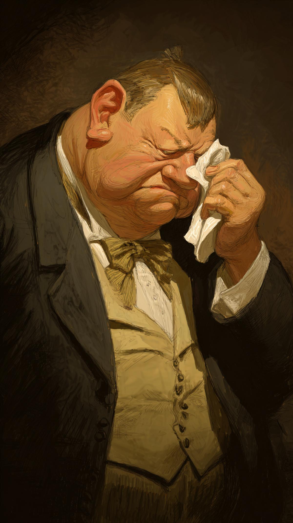 A thick grouse official with a large belly wipes sweat from his forehead with a handkerchief, performs on the debate, closeup, caricature