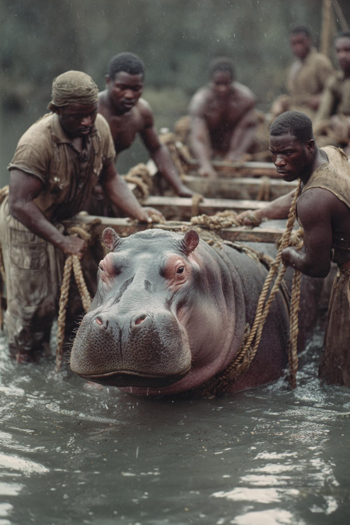 Tall, strong men, like barge haulers, pull a hippopotamus out of a swamp with ropes. The color photograph conveys the impression of intense physical labor combined with life-threatening risk.