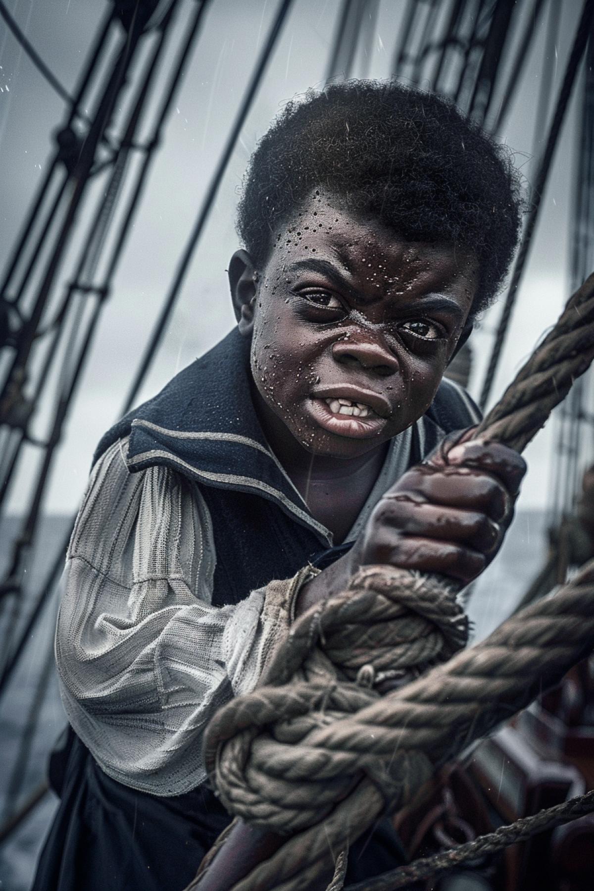 Storm on a ship. A dark boy dressed in sailors uniform is doing hard labor. He struggles against the elements, pulling a thick, heavy rope and ening the sails. Heroic photography.