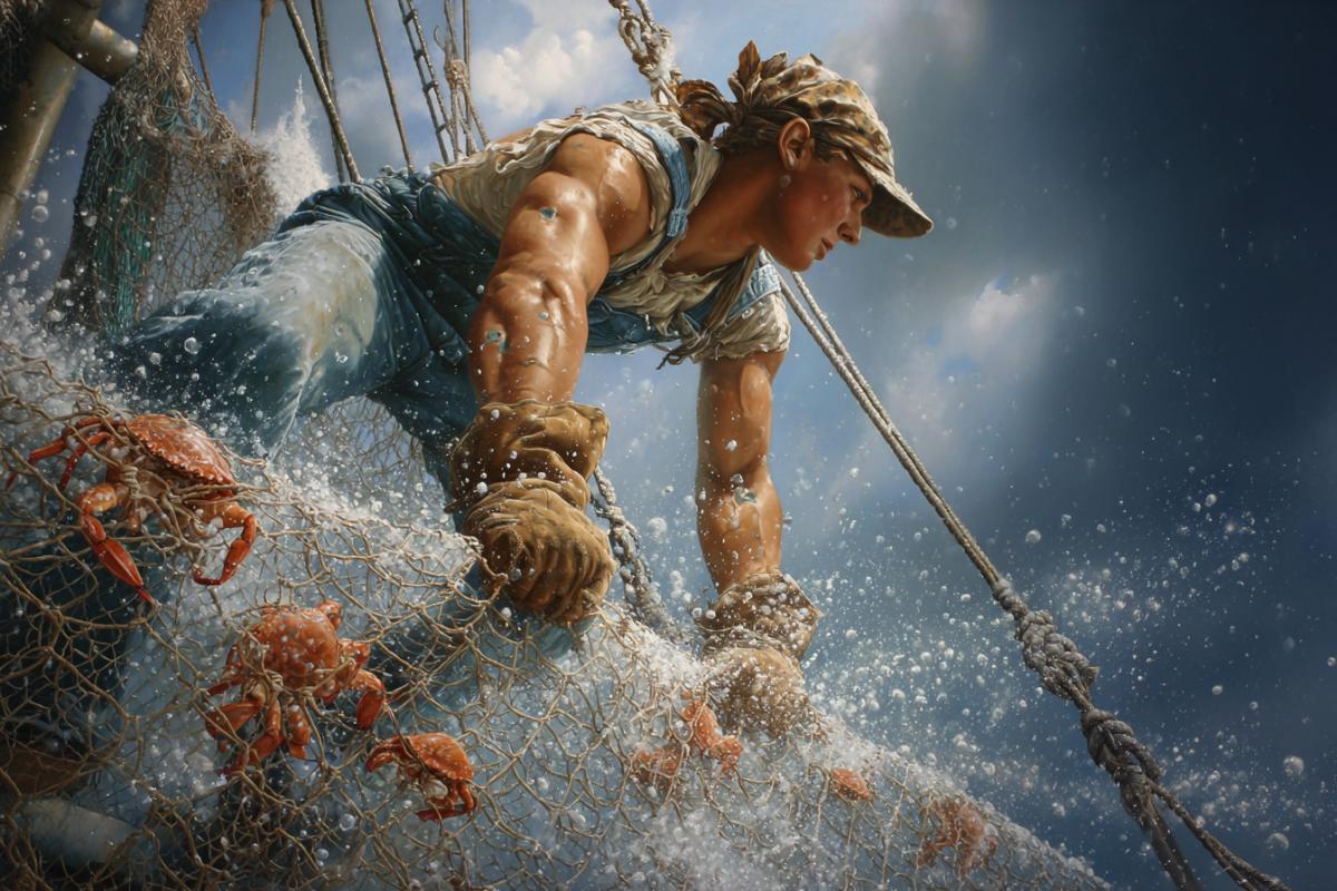 The sailor is a fisherman pulling a net with crabs on a fishing seiner. Photorealistic, large