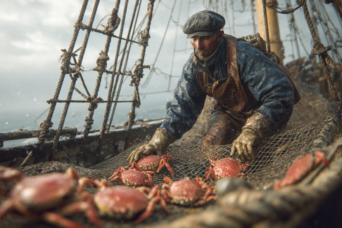 The sailor is a fisherman pulling a net with crabs on a fishing seiner. Photorealistic, large