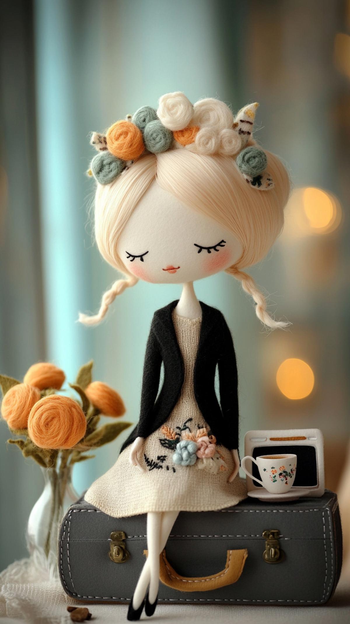 A whimsical all felt scene featuring a doll with blonde hair, a floral headpiece, a dark cardigan and a light felt dress with embroidery, sitting on a suitcase with a cup of tea, a vase of flowers and a small TV. The doll has a peaceful expression, a small bag All felt!! The setting suggests a cozy tea party in a vintage style.