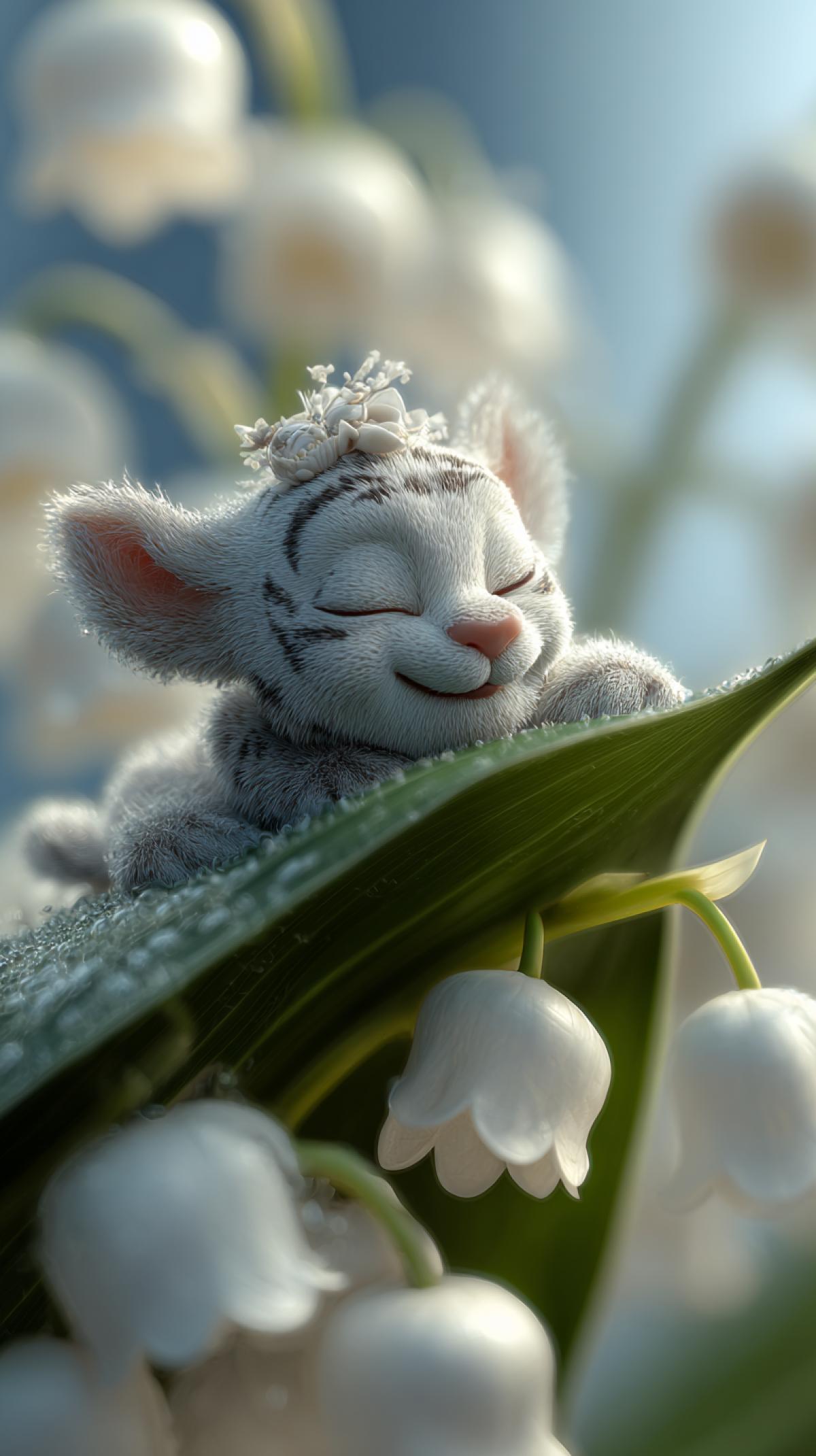 macro, glamour, luxury, photorealism. Cute unusual 3D character | Adorable tiny furry sleepy cartoon white gargoyle with furry adorable white tiger cub smiling in his sleep sleeping under a large lily of the valley flower. Close-up | bokeh. Cartoon rendering; serene expression ar 3:4