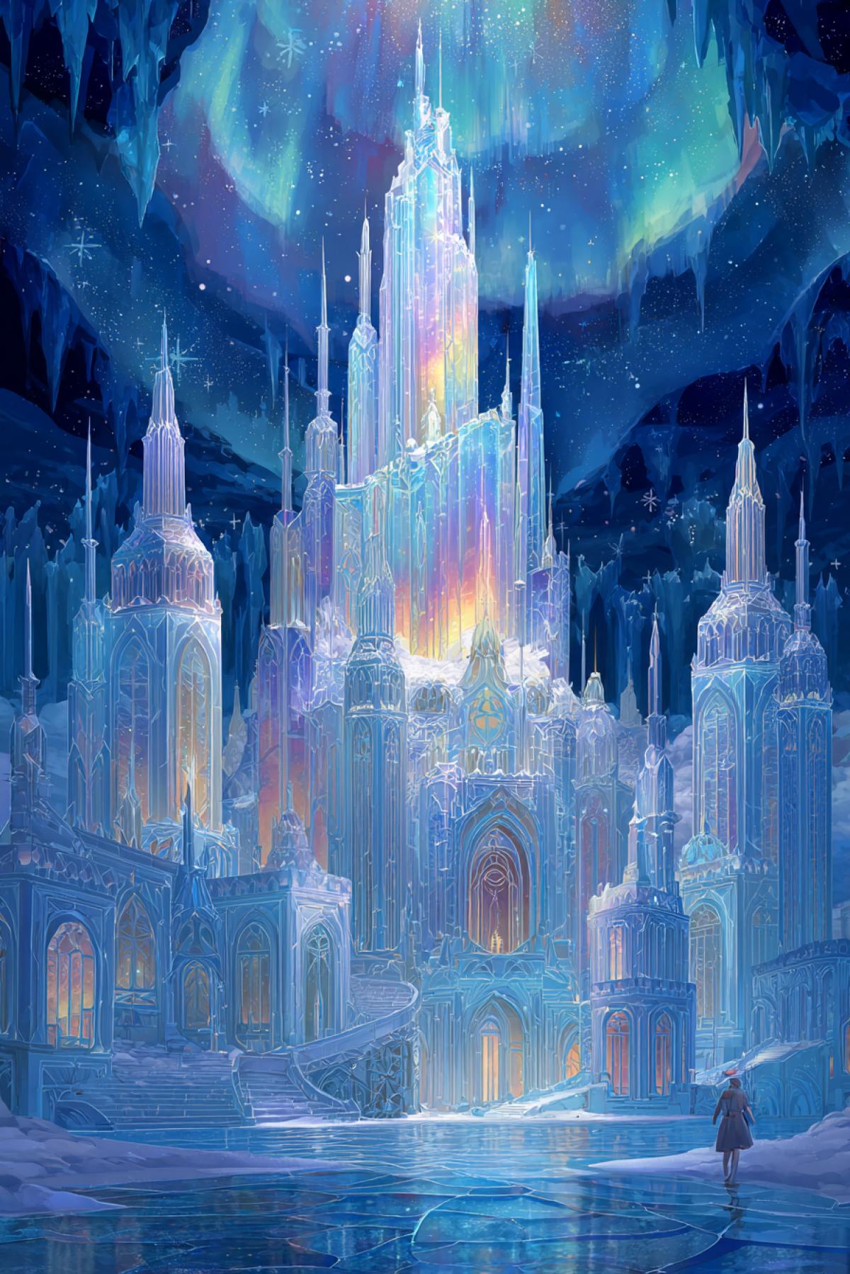 Majestic ice palace with towering crystalline spires that refract rainbow light, where the Snow Queen sits on her throne of frozen fractals. Through the transparent walls, ghostly auroras dance while tiny Kay struggles with his ice puzzle. Hyper-detailed fantasy illustration, cool blue color palette with pops of gold, reminiscent of classic fairy tale art but with modern rendering