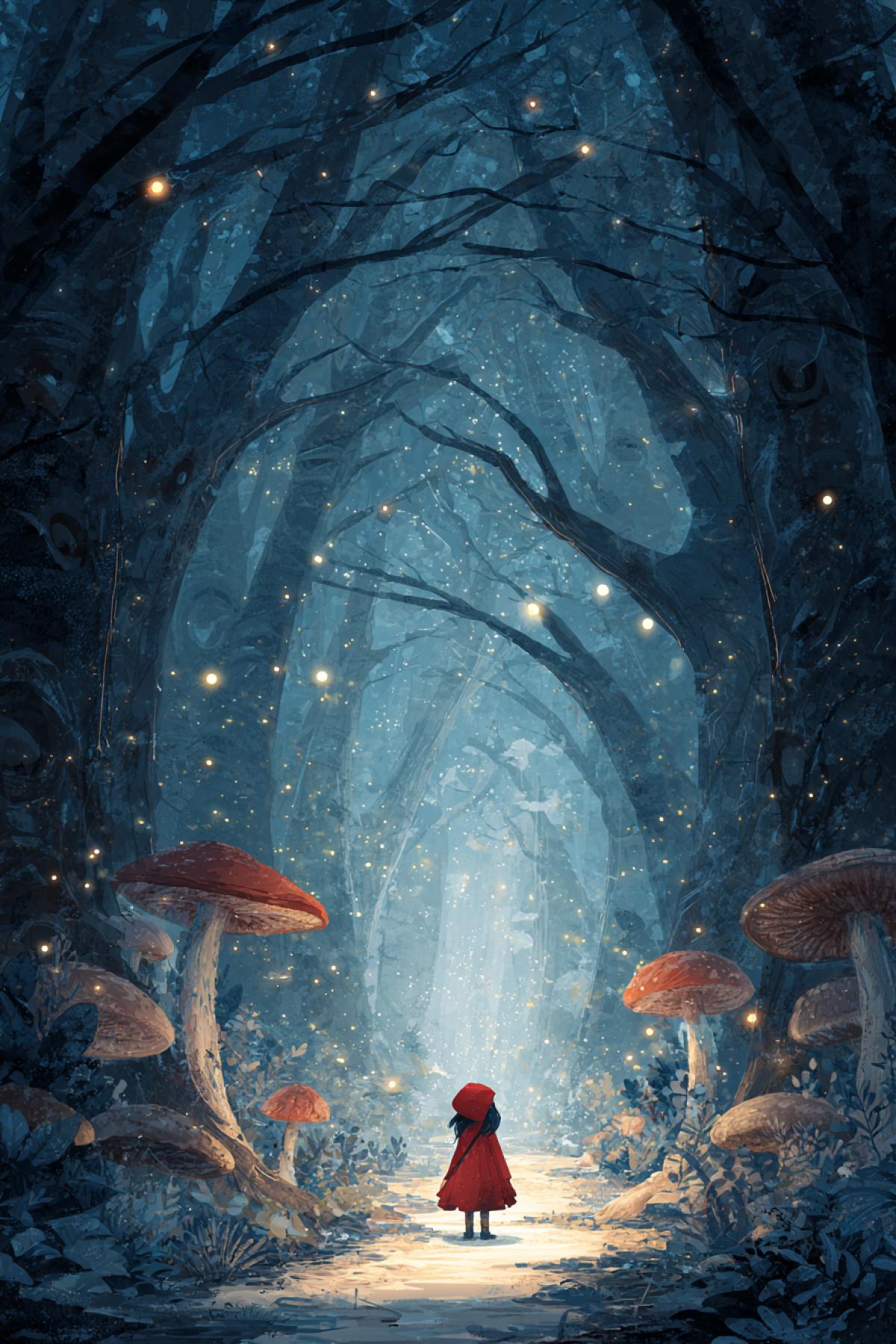 Whimsical fairytale forest where ancient trees have expressive faces in their bark, their branches forming arms that point the way. A small brave girl in a red cloak walks along the path as glowing mushrooms pulse softly and fireflies dance around her. Dreamy watercolor style with soft lighting, intricate details, and a magical atmosphere, 8K resolution