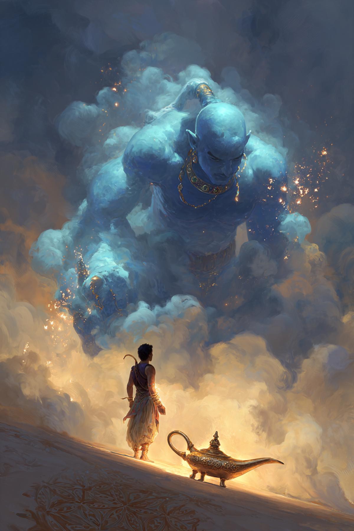 An ornate golden lamp sits on desert sands as an enormous blue djinn emerges in a swirl of smoke and magic sparks. The young protagonist stands awestruck as the djinns lower remains smoke-like while his upper solidifies with intricate jewelry. Epic fantasy illustration style with dramatic lighting, rich Middle Eastern patterns and textures