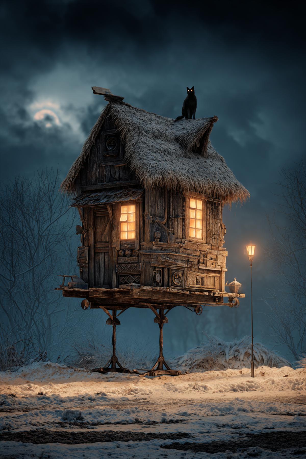 Creepy yet whimsical hut standing on big chicken legs, its windows glowing ominously as it turns to face the viewer. The thatched roof is covered in snow, strange carvings adorn the wooden walls, and a dark cat watches from the porch. Dark fairytale style with perfect com4k, moody moonlight casting long shadows, and subtle magical elements