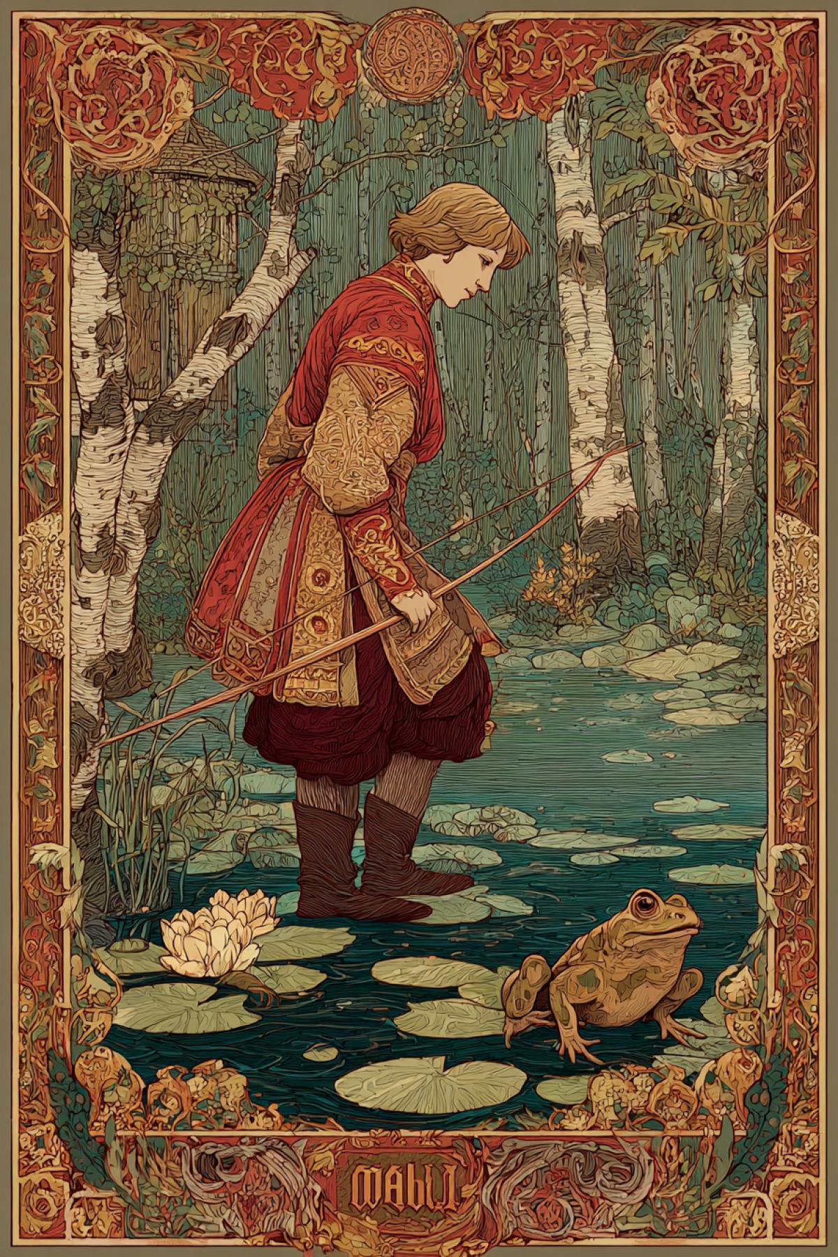 A detailed illustration for the Russian fairy tale of the Tsarevna-Snow in the style of Ivan Bilibin: Ivan Tsarevich in an embroidered caftan stands by the forest lake, watching the frog holding an arrow in the paw. dark graphic contours, saturated local colors (emerald of greenery, cinnabar of clothes, gold ornaments), intricate Slavic patterns on caftan and birch bark. A hut in the background with carved platbands, water lilies on the water in the form of peacock eyes. The com4k is framed by an ornamental frame with ornate letters, as in ancient Russian m4kcripts. 8K, museum quality