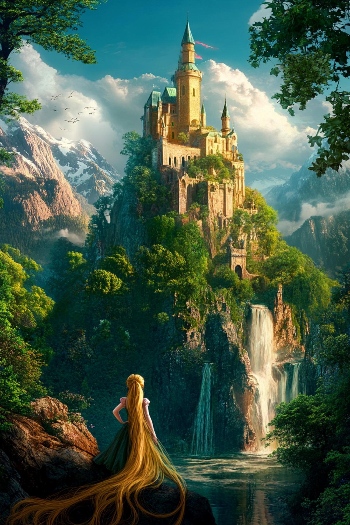Beautiful image of Rapunzels fairy tale on the background of the castle and a fabulous forest
