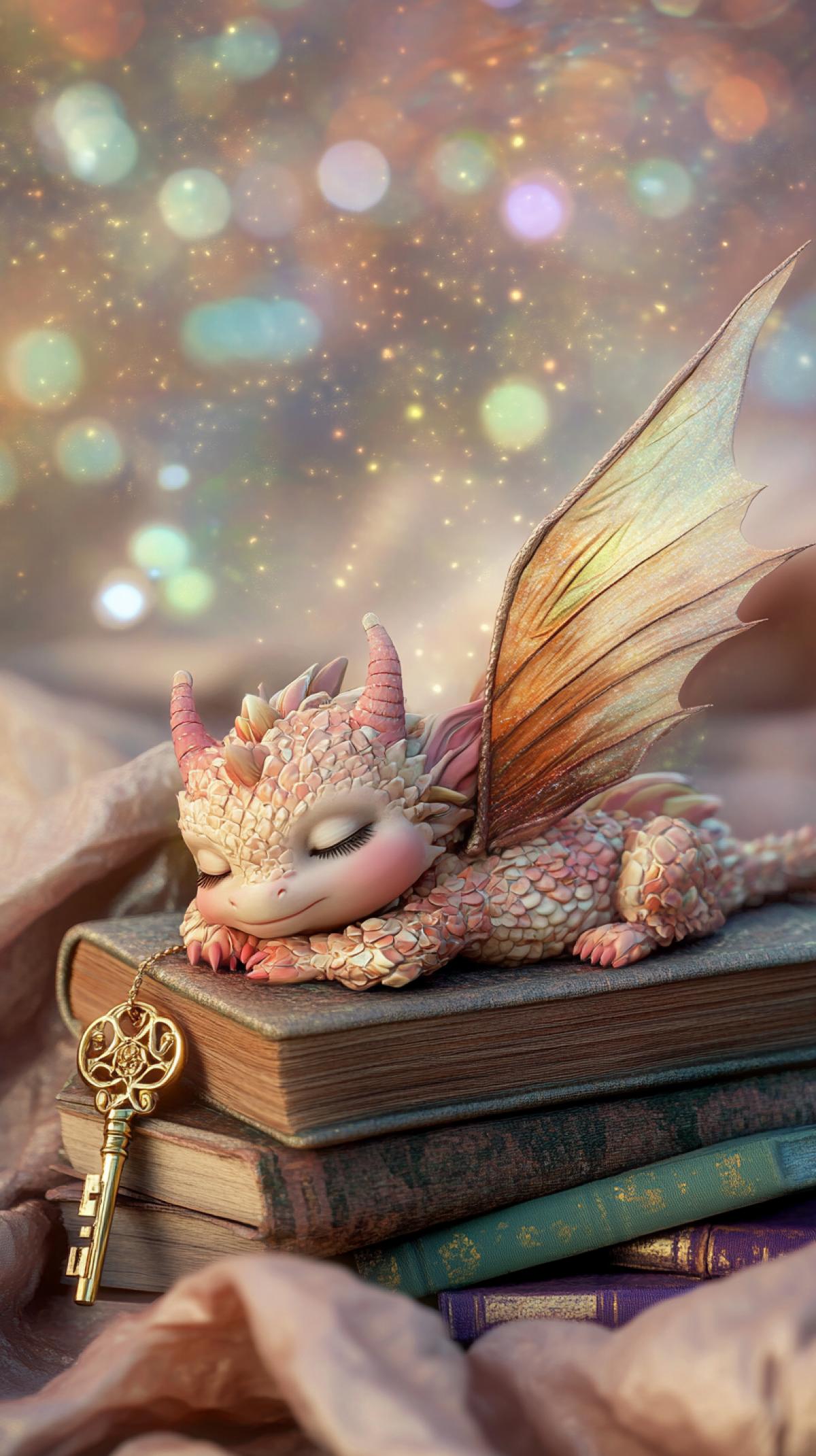 Cute kawaii baby dragon sleeps on a stack of books, a magic golden key with thin wings hovers nearby, magic and sorcery, background crumpled silk, glitter, bokeh