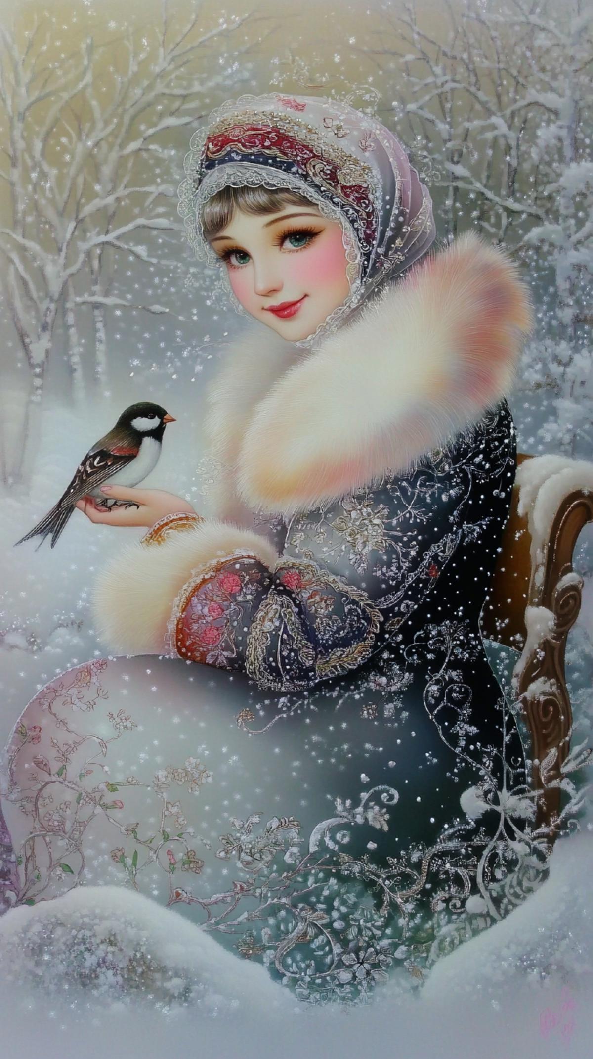 A young woman in a traditional Russian dress, with a headscarf on her head, in a fur coat. A snowy landscape with a soft, airy glow. The woman is sitting on a bench, holding a small bullfinch bird in her hand, with a gentle smile on her face. The overall style should resemble classic Russian folk painting, with intricate patterns and a warm, attractive color palette