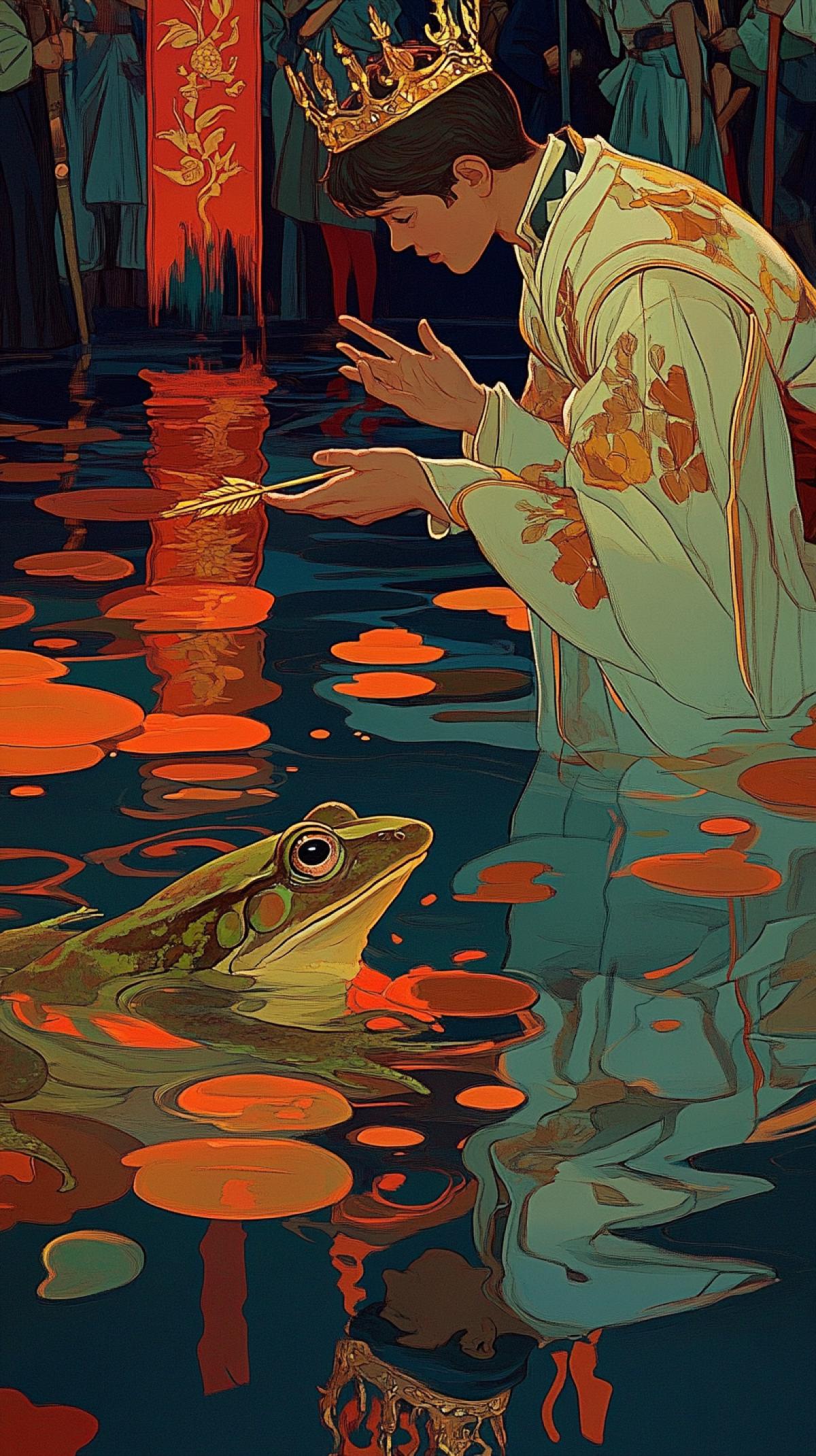 The young prince is talking with a frog in a golden crown, the frog holds a golden arrow in its paws, a fairy-tale atmosphere, in the style of Karl Schratman