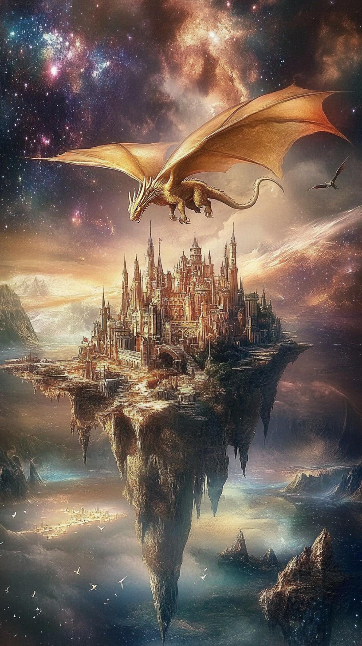 Keeping the style. A graceful yellow-brown dragon flies around an island city floating in space. A magical fairy tale atmosphere