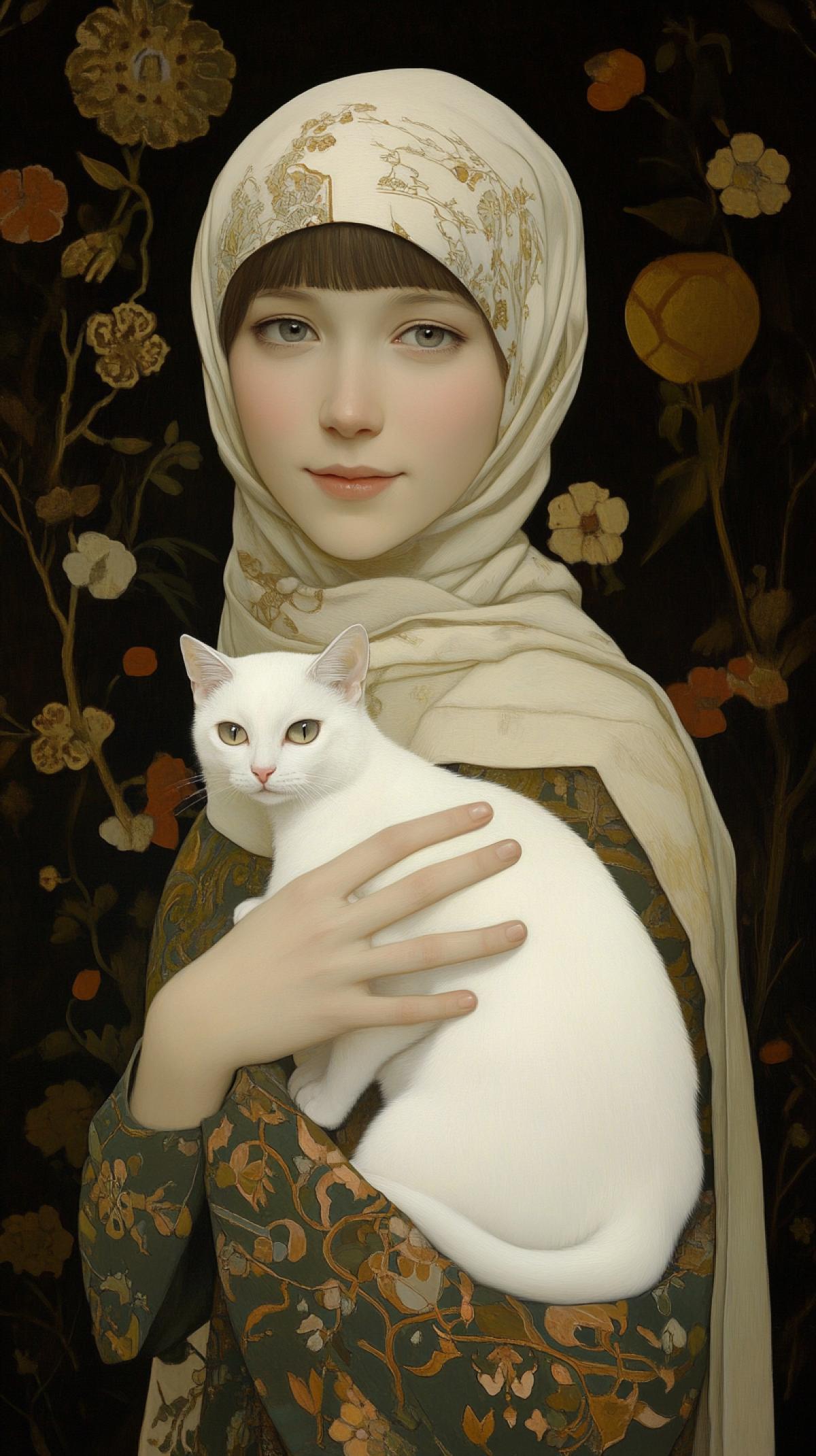 Portrait of a beautiful noblewoman, headscarf tied gracefully, full-length, shy smile, direct clear gaze, high art, 8K, high definition, 25 years old, attractive, cute, smile, round gray eyes, holding a white cat, detailed green and gold dress, floral background, Renaissance, fresco, Antonio Pollaiuolo style, Yodirtaka Amano style, Miho Hirano style