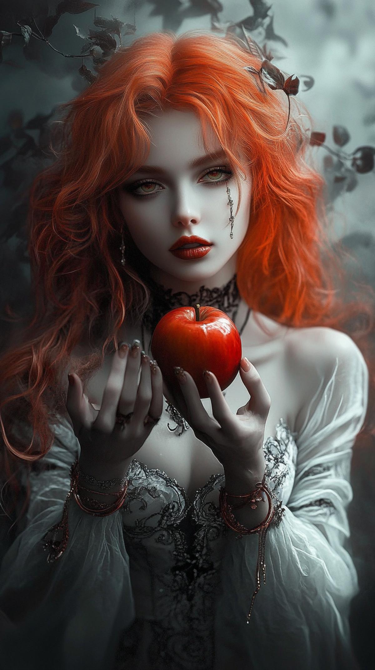 dark and white photo of a woman with reddish-orange hair, holding out a bright red apple with a dark drop to the viewer, digital art, cgsociety contest winner, gothic art, stunning 3d render of a fairy, beautiful girl, doll face, dark green poison ivy from Batman covers her entire , against a thick fog background, red white and dark colors, red jewelry, dark aesthetic, red wig, detailed face, beautiful figure, cgsociety, red jewelry ar 9:16 stylize 300 v 6.1