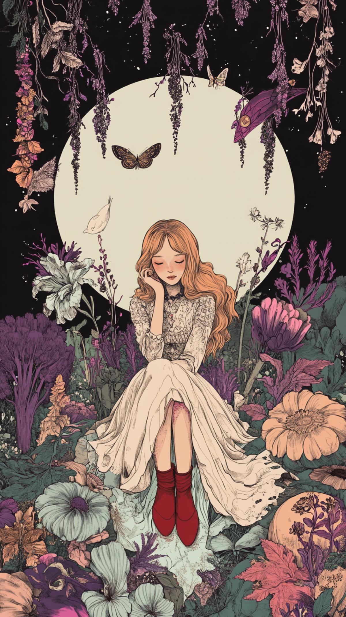 An illustration with a unique combination of cottagecore, pastel gothic and boho styles, where the graphic illustration is the central object surrounded by many strange details. The intricate linework and use of both muted and bright colors create a sense of depth and contrast that draws the viewer in. The overall aesthetic of the illustration is botanically beautiful, em ing the essence of both cottagecore, pastel gothic and boho, it encapsulates all the elements. Inside in full-length red shoes, a golden-haired Goldilocks girl, in an old-fashioned embroidered dress, a flirty smile