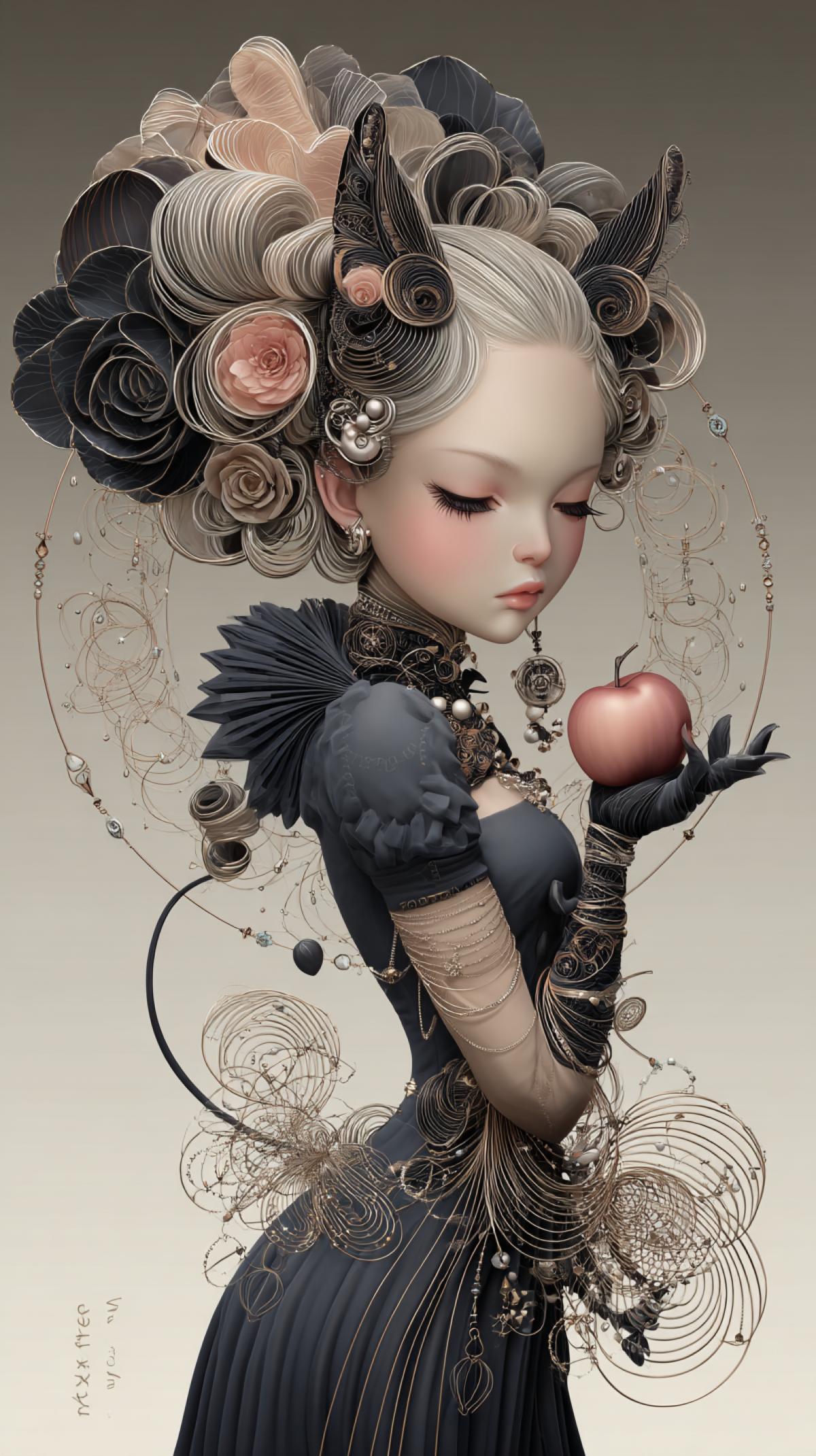 Keeping the style: very cute girl with cat ears, fantasy, blush, decorated with pearls, blue-dark velvet dress, intricate hairstyle, intricate gold threads in the hair and around the girl, holding an apple in her gentle hand