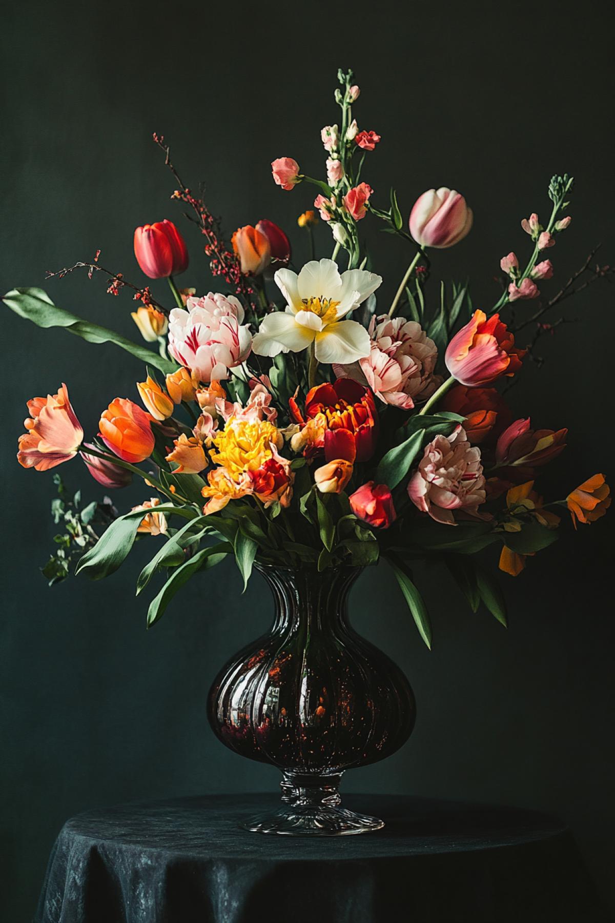 To generate a com4k where a vessel with a bouquet is in the spotlight: it can be a classic glass or clay vase, unusual ceramics or an abstract form. In the bouquet, any flowers are acceptable from delicate tulips and roses to exotic orchids and fantasy hybrids.