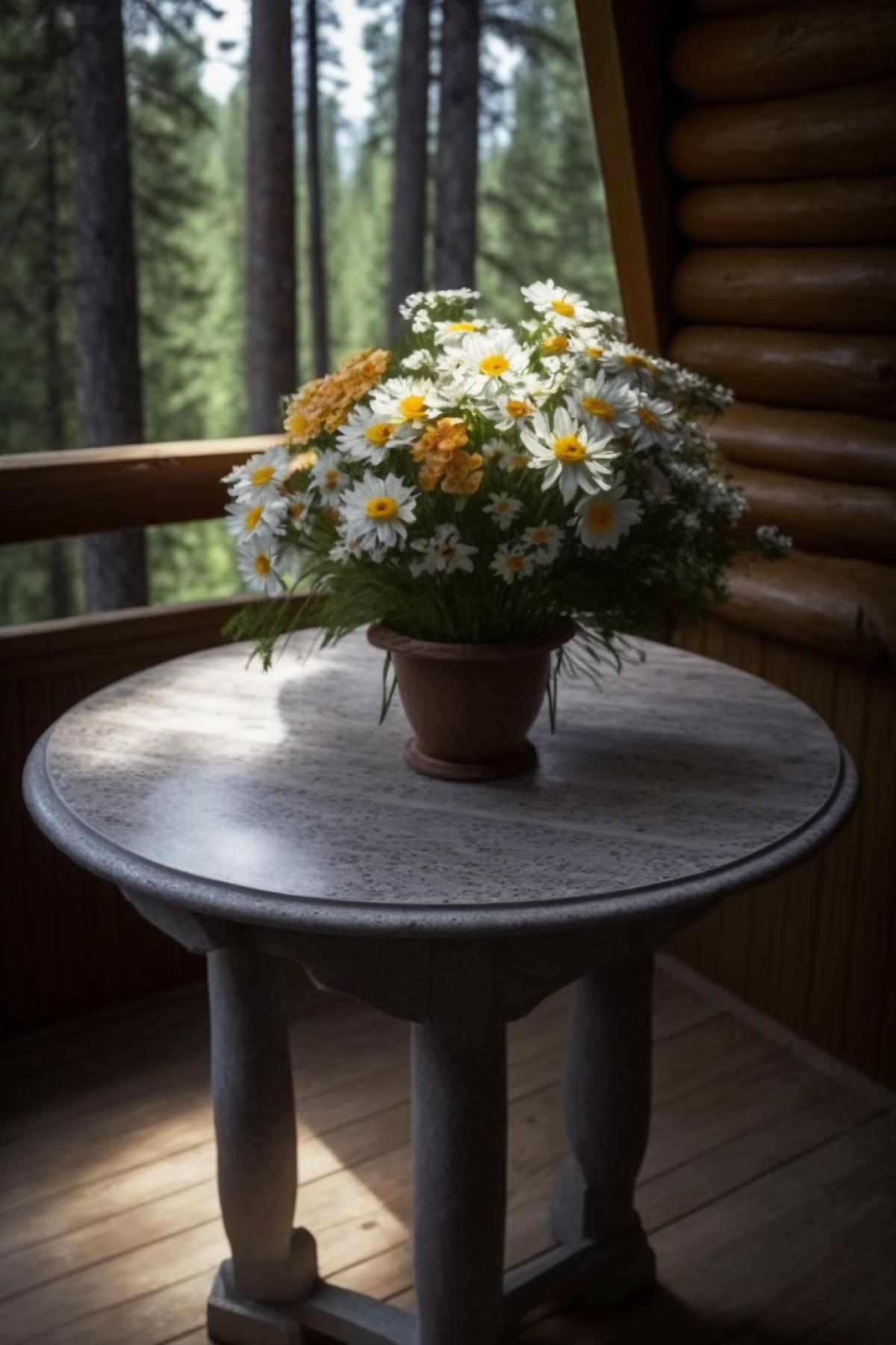 Flowers, presumably grew up on the satellite of Jupiter Europe, stand in a vase on the gazebo table in the taiga