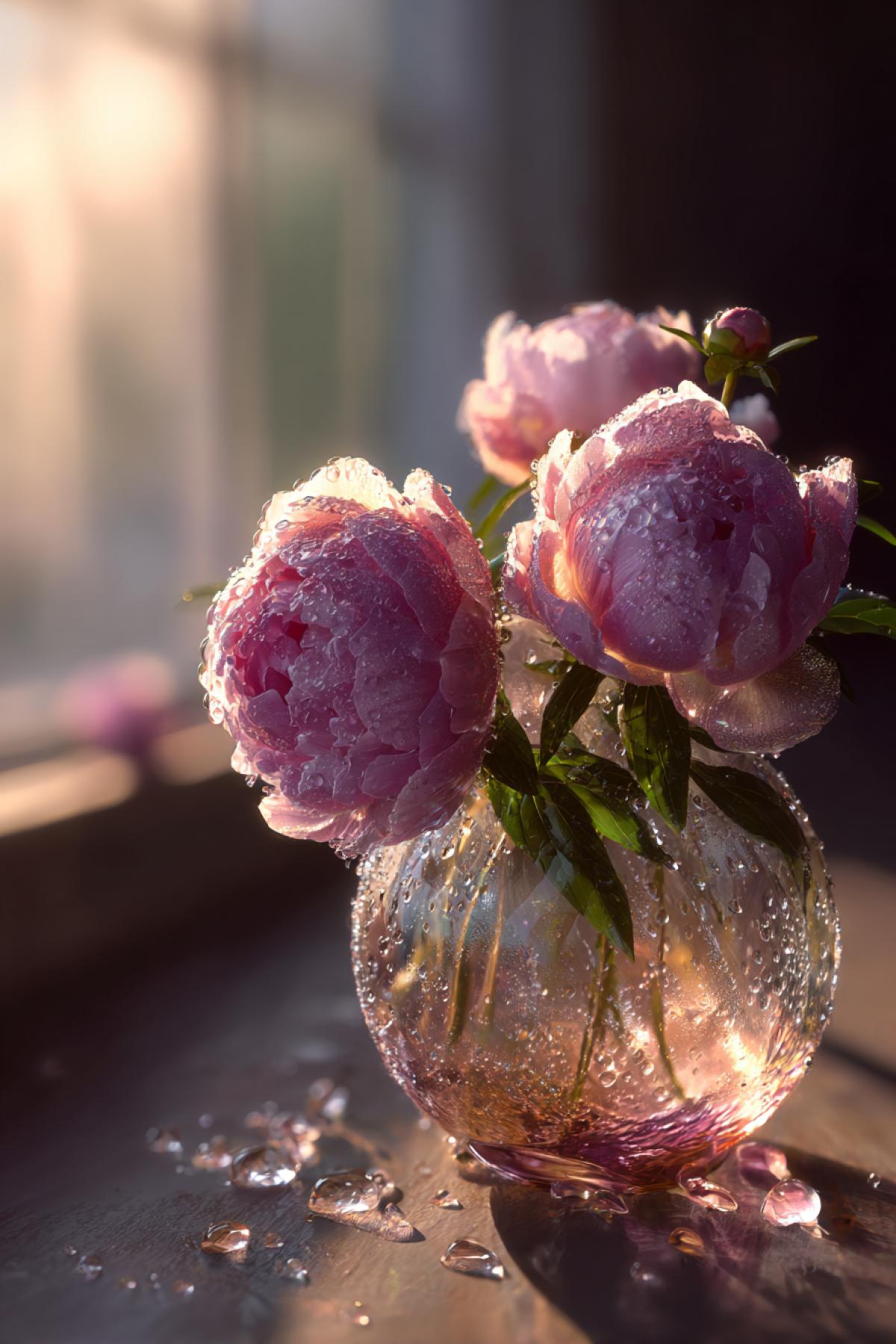 Hyperrealistic dew-covered peonies in a hand-blown Murano glass vase, morning light streaming through a loft window, water droplets refracting sunlight, ultra-detailed 8K macro photography with shallow depth of field