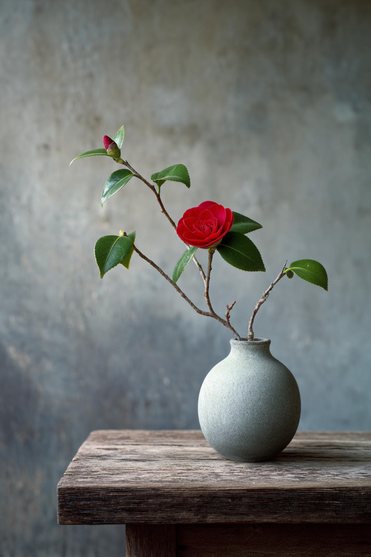 Minimalist ikebana arrangement of a single red liquid-red camellia in a coolist concrete vase, placed on a weathered teak table, wabi-sabi aesthetic with soft foggy background, medium format film photography