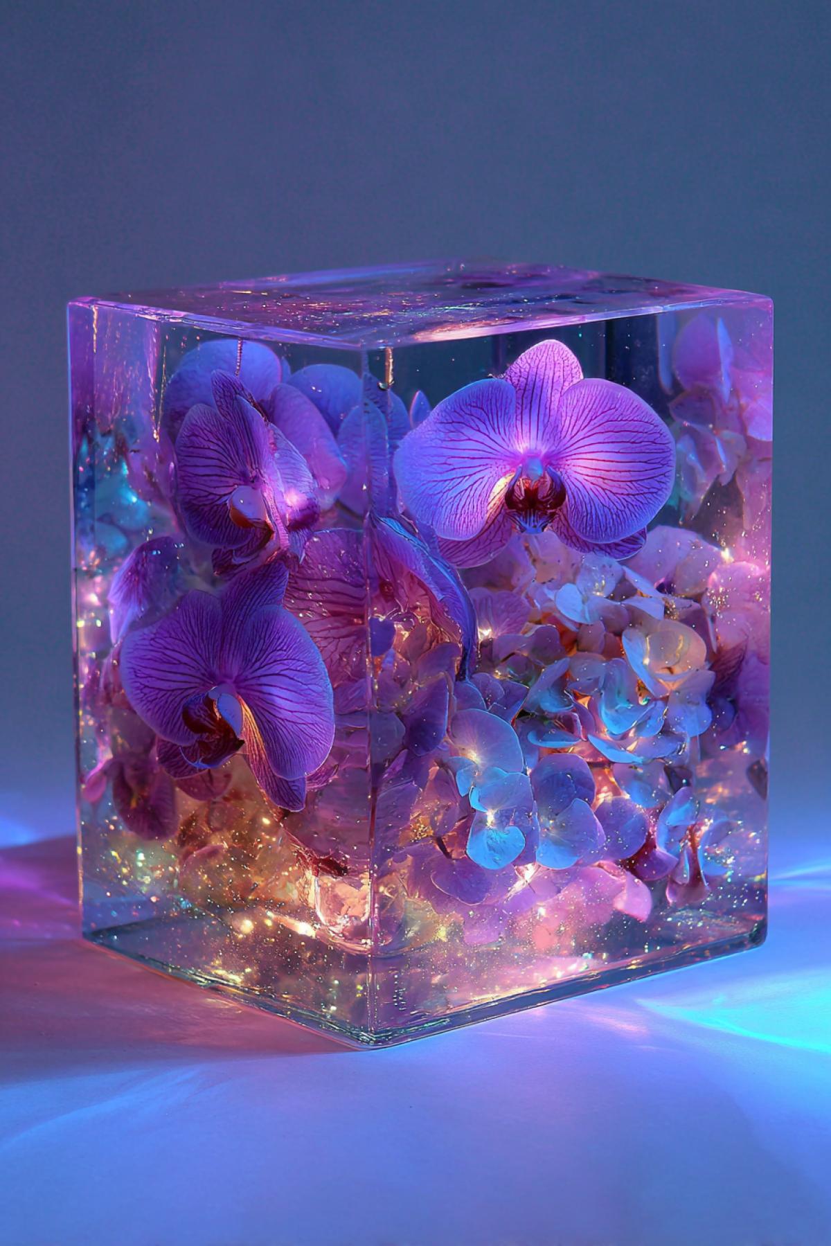 Surreal floating garden: orchids and hydrangeas suspended in a transparent cube vase filled with liquid amber resin, cosmic dust particles swirling inside, neon bioluminescent petals, sci-fi realism 8