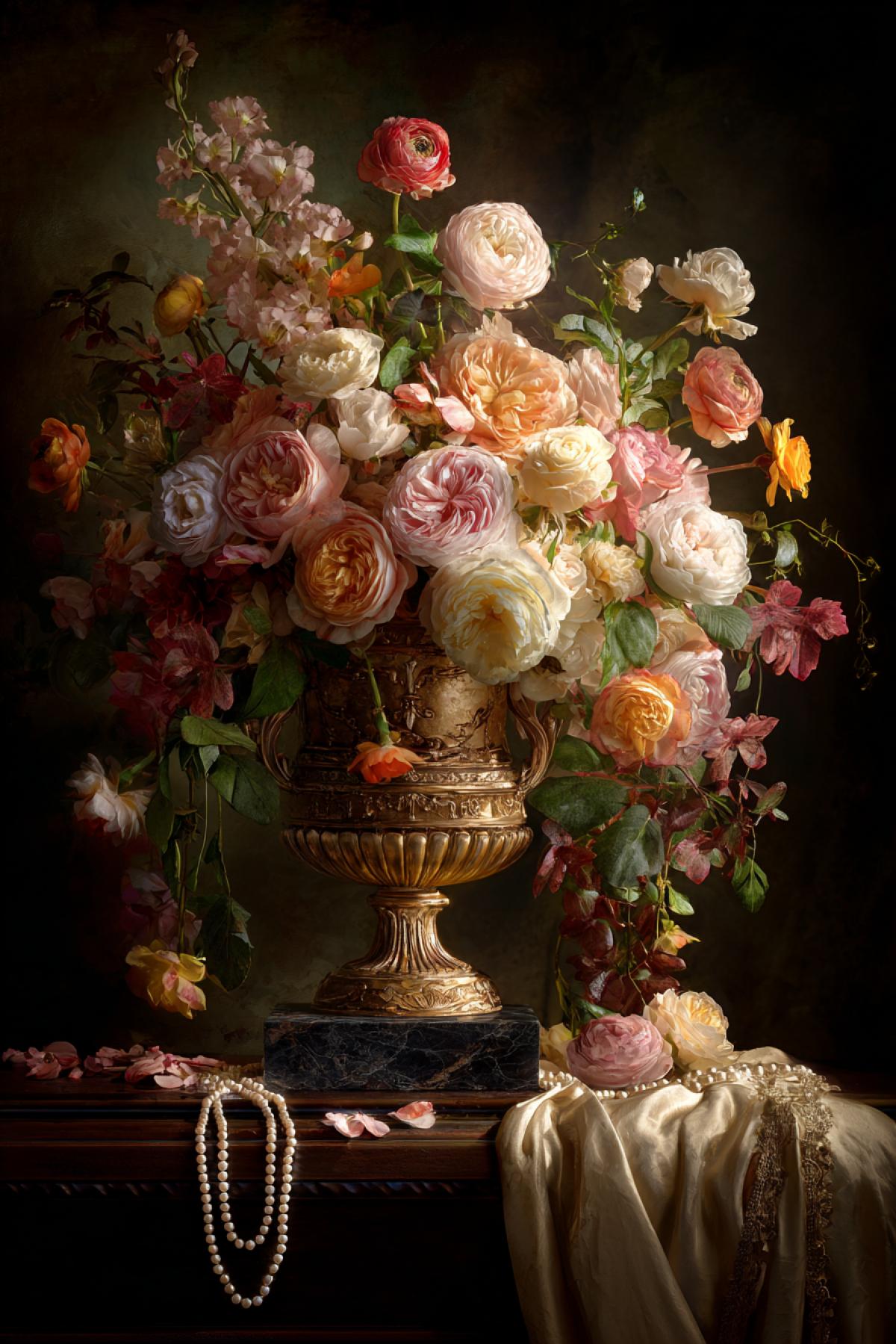 aroque extravaganza: overflowing cascade of roses, ranunculus and vines in a gilded 18th-century urn, draped with velvet and pearls, chiaroscuro lighting reminiscent of Old Master paintings, ultra-high detail