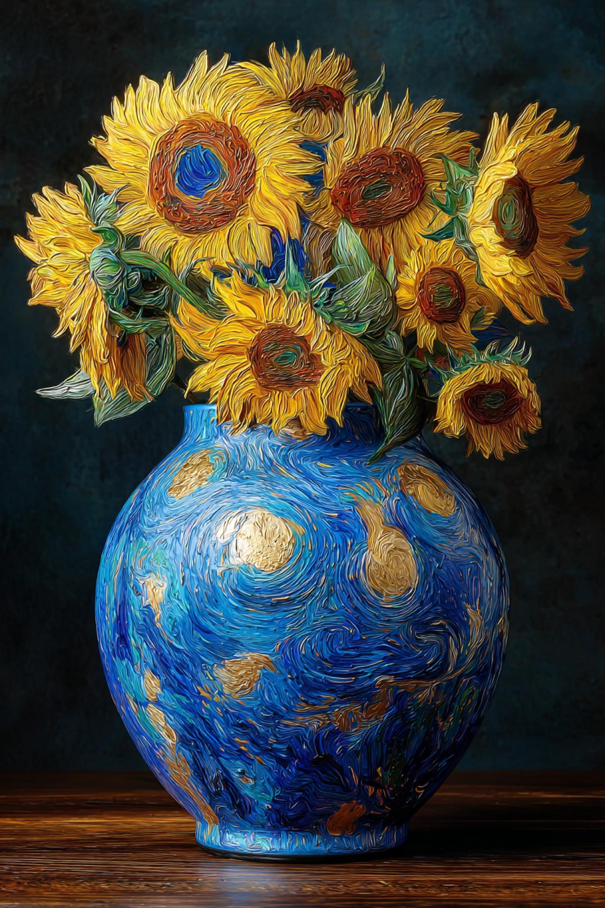 A Van Gogh-inspired sunflower explosion in a hand-thrown cobalt pottery vase, thick impasto brushstrokes alive with movement, swirling background of ultramarine and gold leaf, textured oil painting come to life in 8K