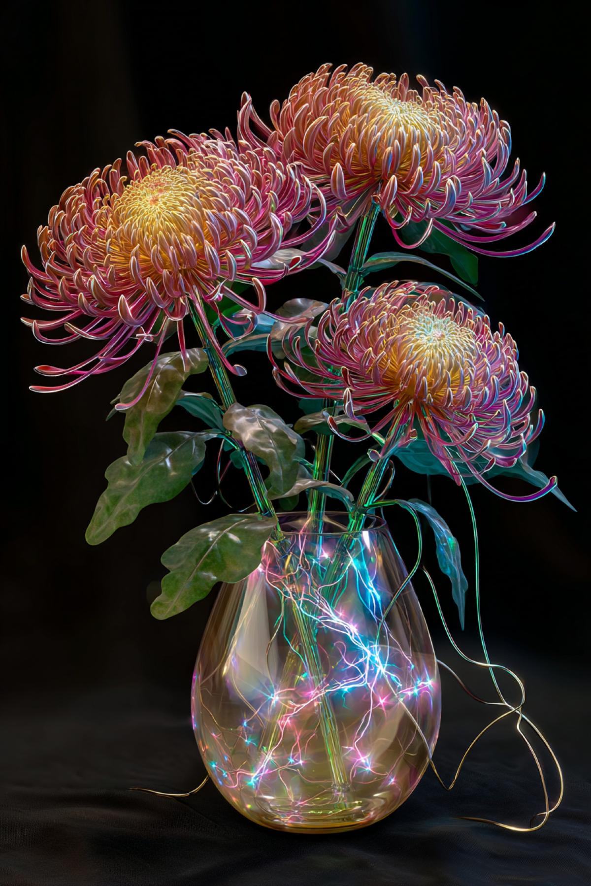 Futuristic biomechanical chrysanthemums with metallic petals in a mercury-glass cyborg vase, pulsating neural networks visible in their stems, holographic pollen drifting in zero gravity, sci-fi botanical illustration with hyperrealistic details