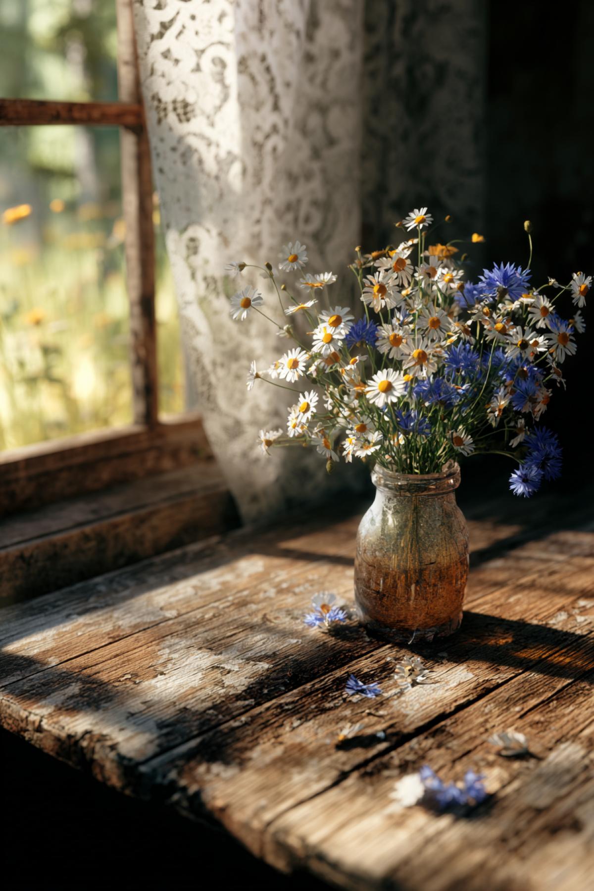 A rustic wooden table with a simple clay vase holding freshly picked daisies and cornflowers, their stems slightly crooked as if just gathered from the field. Sunlight streams through a lace curtain, casting soft shadows on the weathered wood. A few loose petals scattered nearby, hyper-realistic texture, warm natural lighting, 8K detail, nostalgic countryside atmosphere.