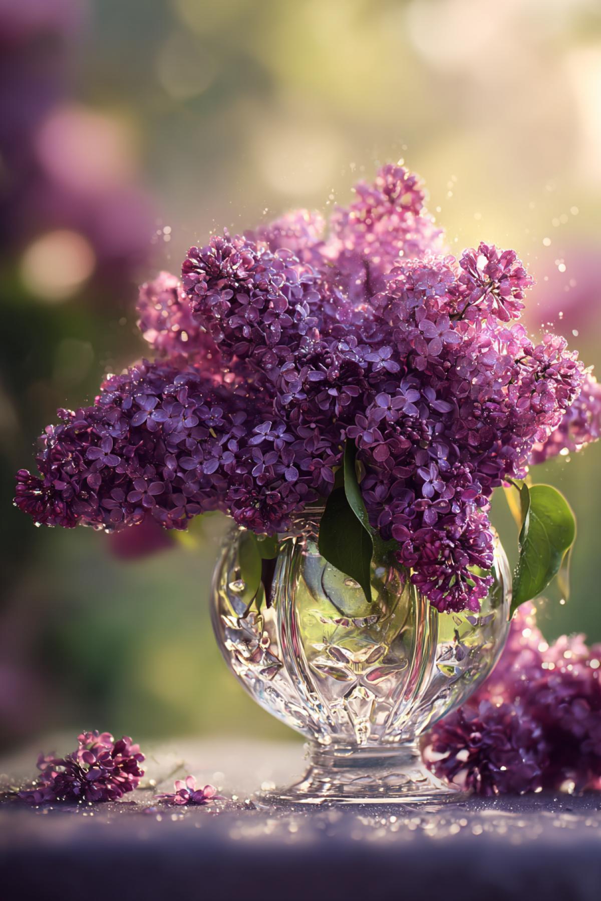 Lush purple lilac blooms overflowing from a crystal vase, each tiny flower petal glistening with morning dew. Sunlight catches the delicate clusters, creating a luminous glow against a softly blurred garden background. Ultra-high detail, macro photography style, depth of field makes it look touchable, 8K realism with natural color saturation.