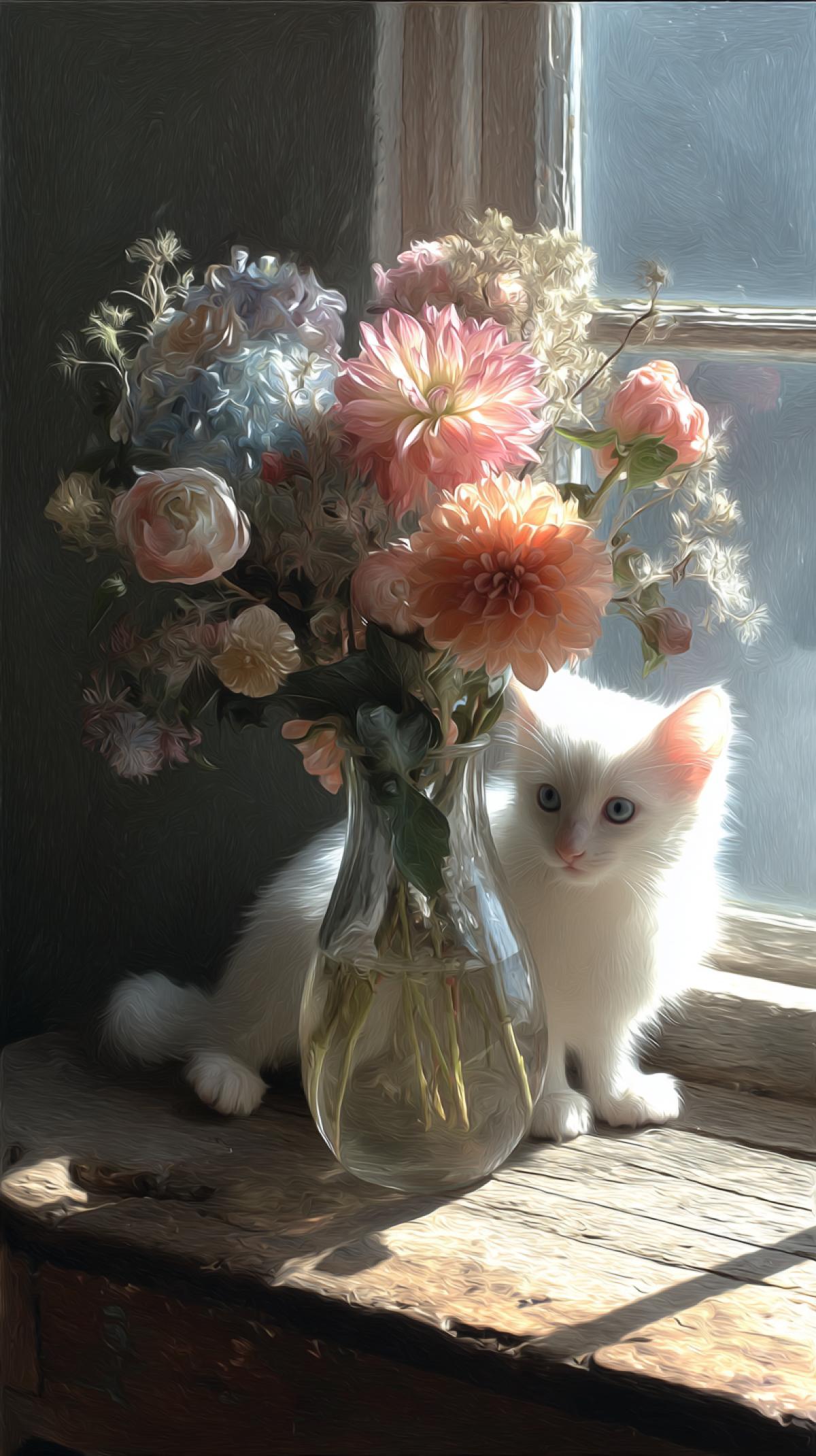 A bouquet of hots in an elegant vase on a wooden plank table on the windowsill, a blueeyed white scanned kitten sniffs them. Bright colors