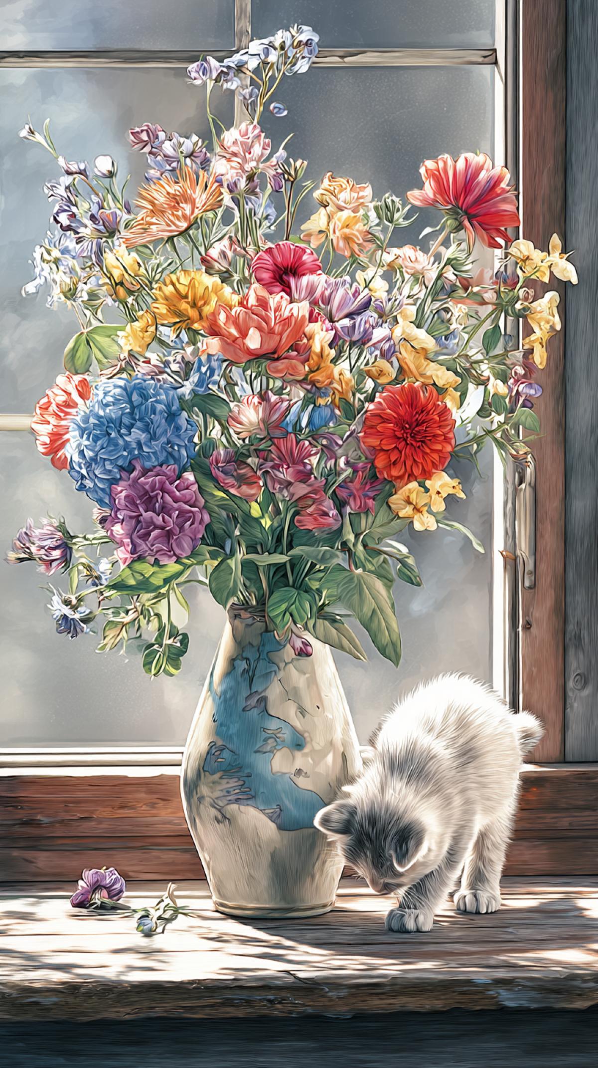 A bouquet of hots in an elegant vase on a wooden plank table on the windowsill, a blueeyed white scanned kitten sniffs them. Bright colors