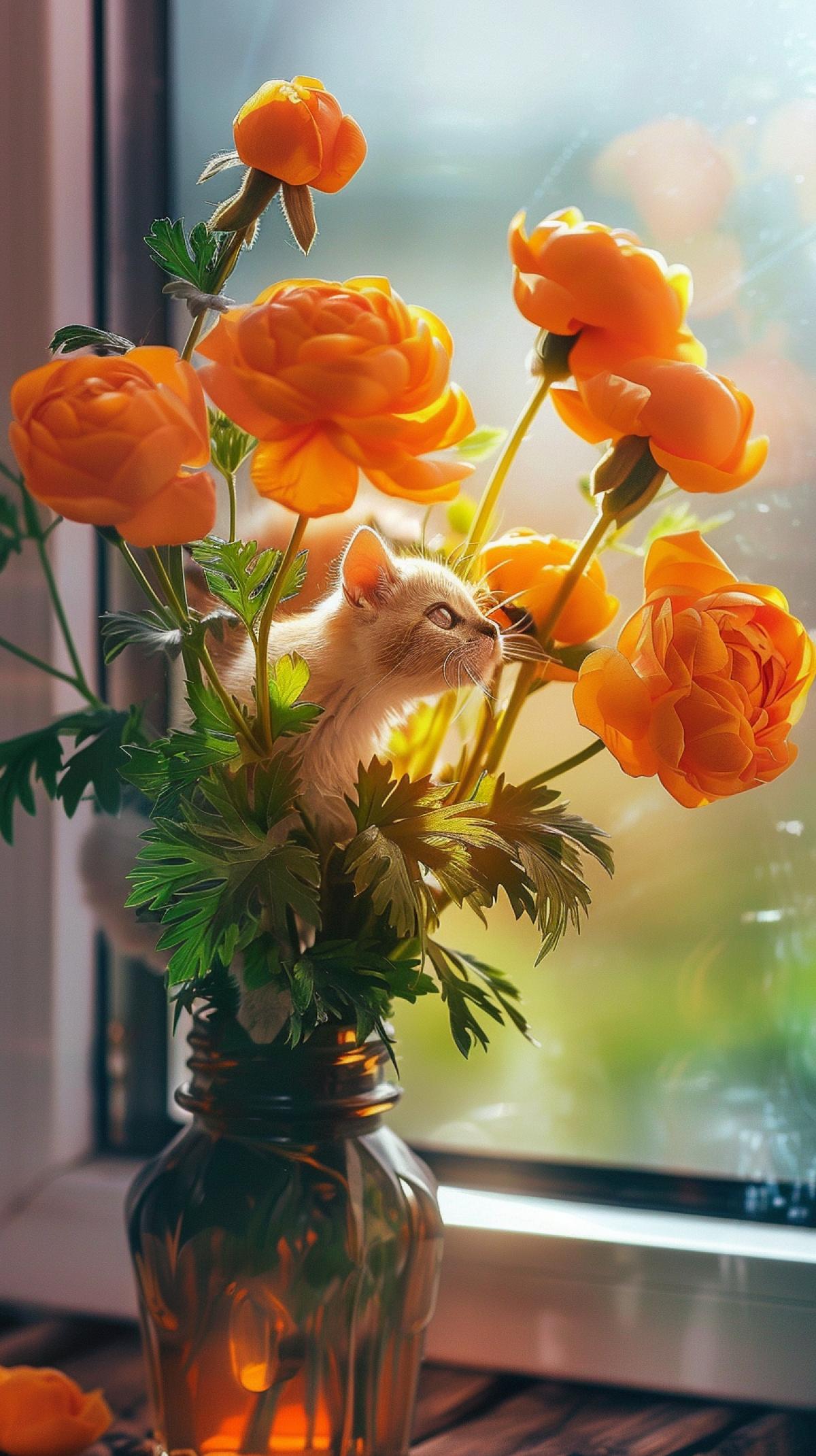 A bouquet of hots in an elegant vase on a wooden plank table on the windowsill, a blueeyed white scanned kitten sniffs them. Bright colors