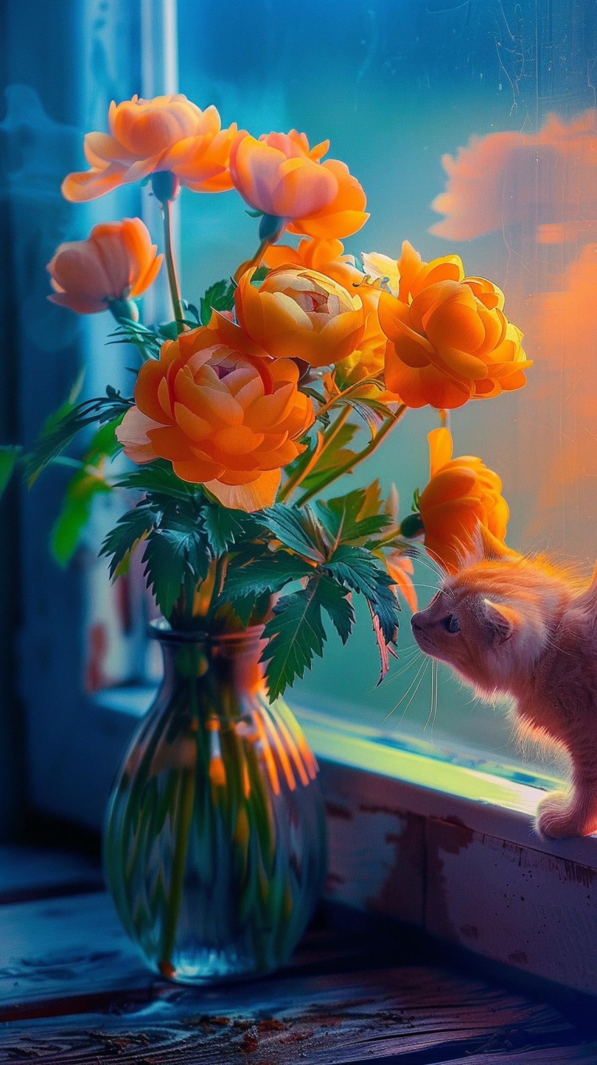 A bouquet of hots in an elegant vase on a wooden plank table on the windowsill, a blueeyed white scanned kitten sniffs them. Bright colors