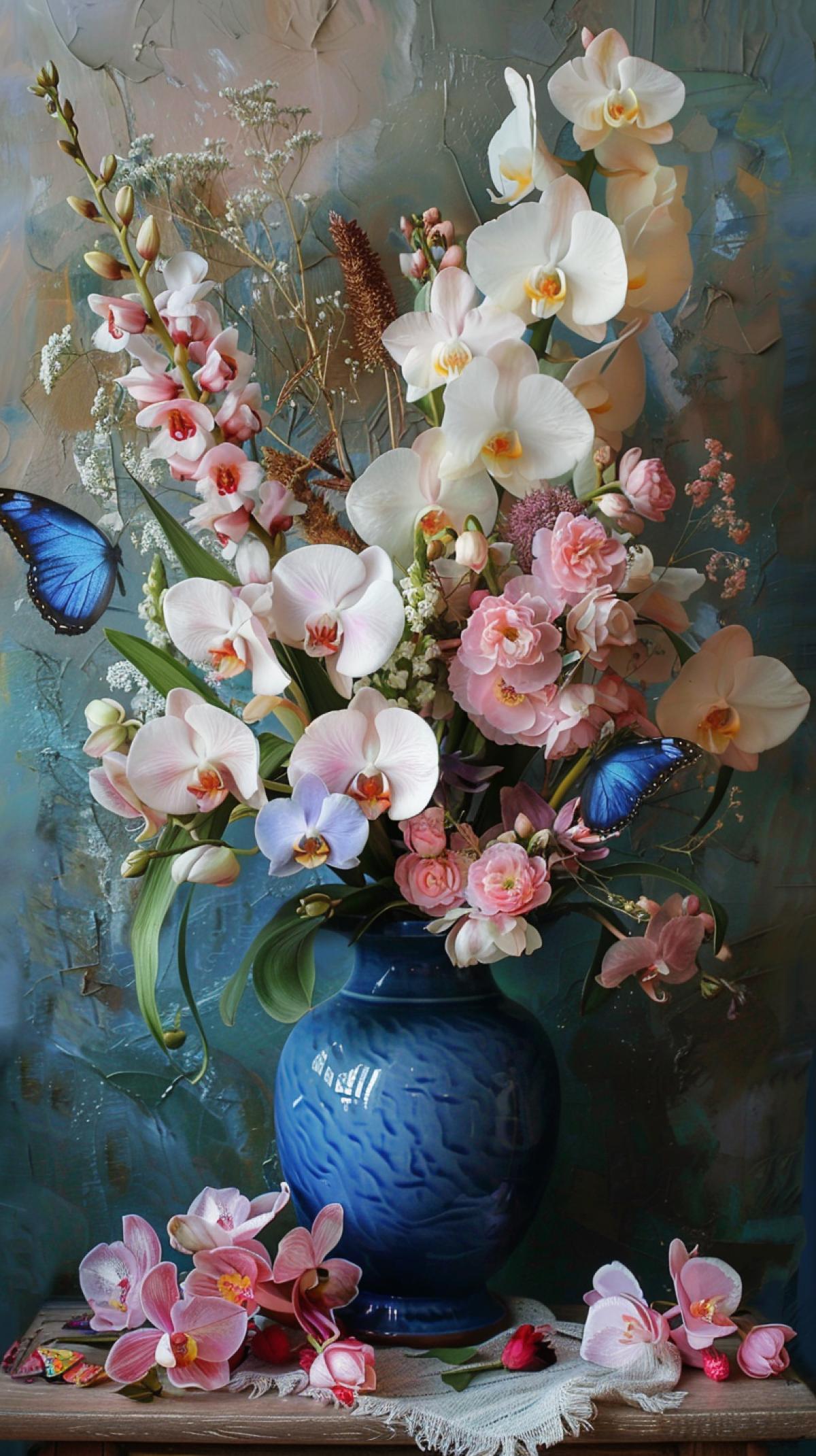 Bouquet of orchids Venus Bashmachk in a blue vase, butterfly
