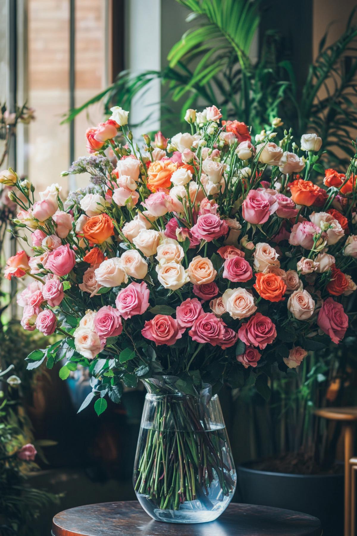 A large bouquet of bush roses in a vase stands on the table