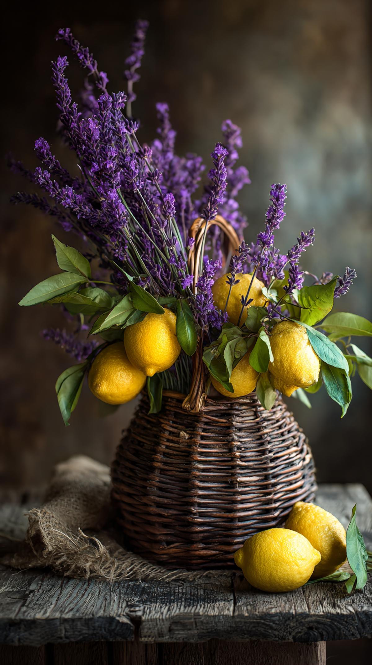 a bouquet of lemon and lavender twigs, in a wicker basket, stands on a rustic wooden table, super detailed