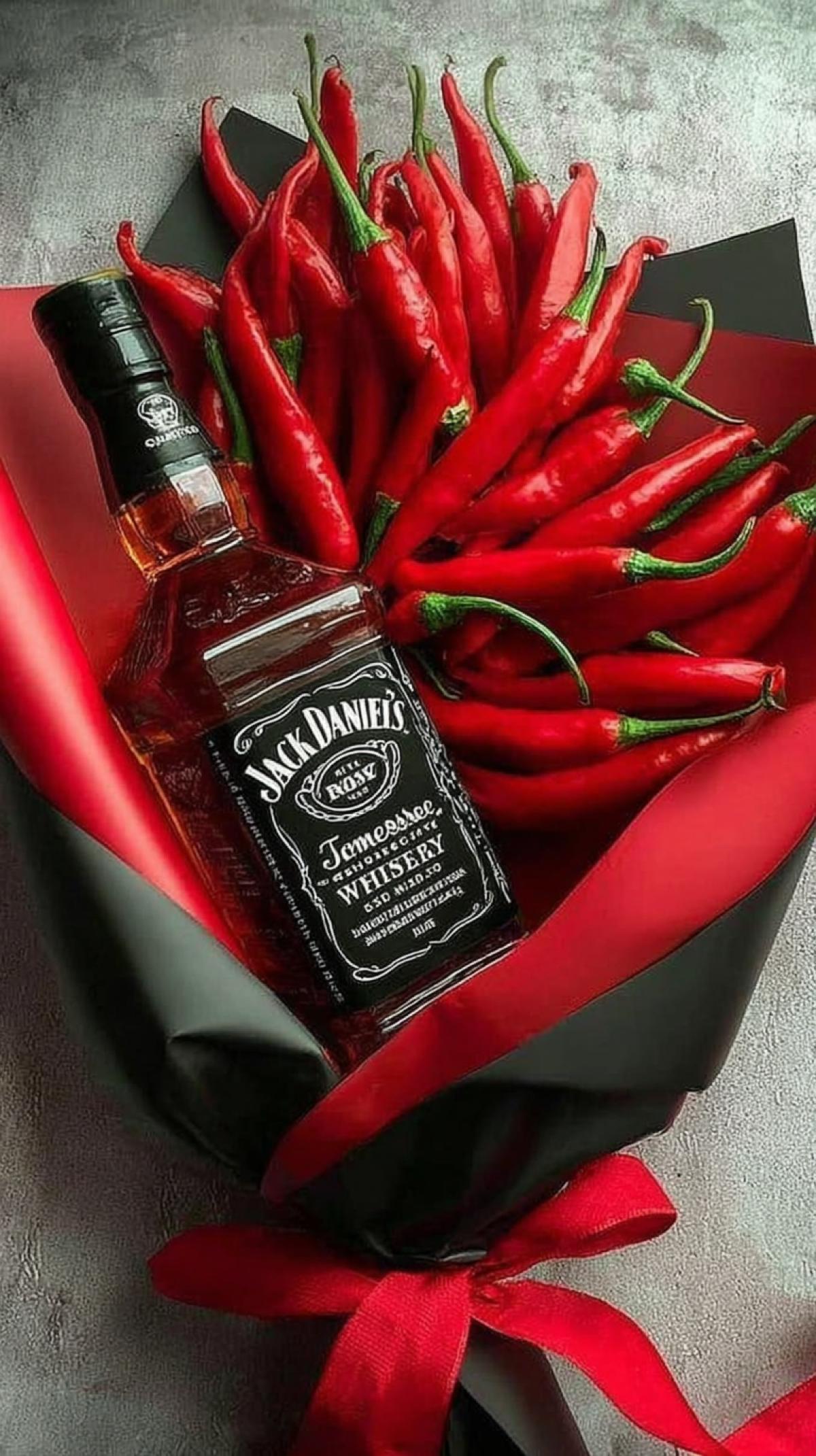 bouquet of whiskey bottle and hot red pepper , super detailed