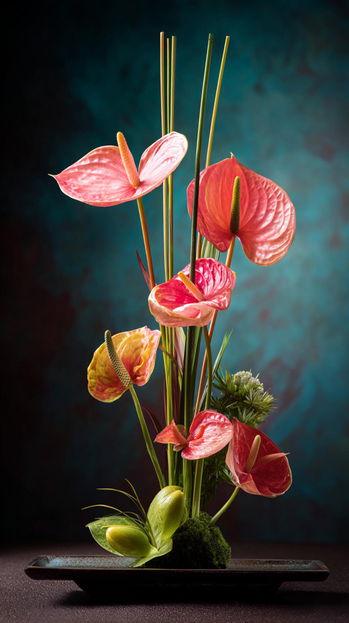 Japanese ikebana, anthurium bouquet in a flat vase, professional photography, professional lighting