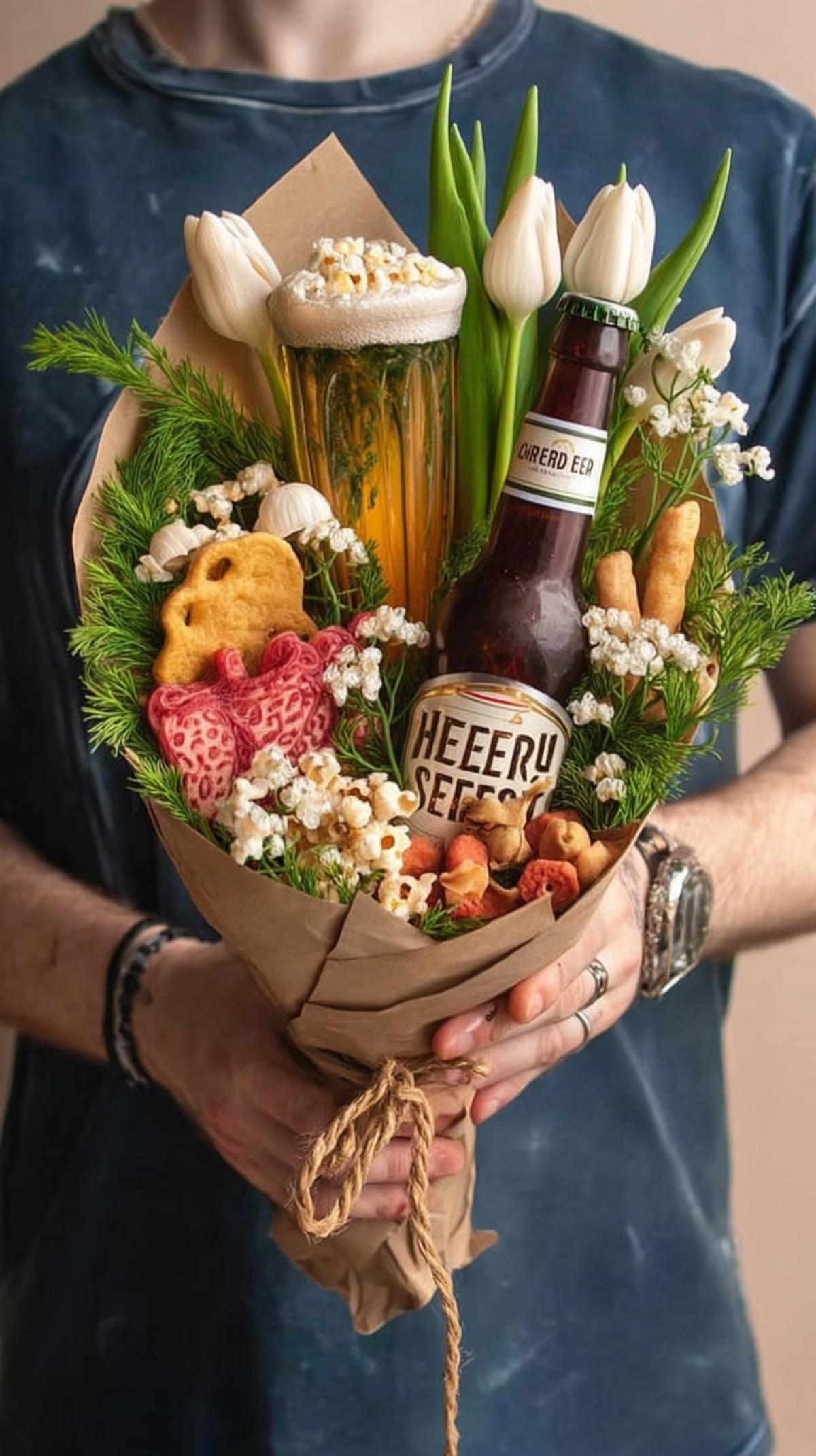 bouquet of beer and snacks in the mans hands, super detailed