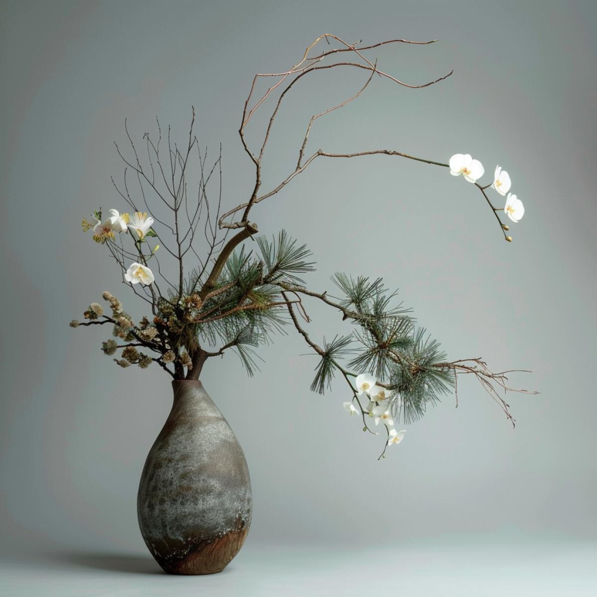 Japanese ikebana, ancient art in the style of Nagueire (投げ入れ), in a high vase with a narrow neck, branches of Japanese pine and white chrysanthemum and orchid, curved dry, curved bent grasses, minimalism and sophistication, studio professional photo on a gray background, stage soft light, dot lighting, dot lighting, dot lighting, dot lighting