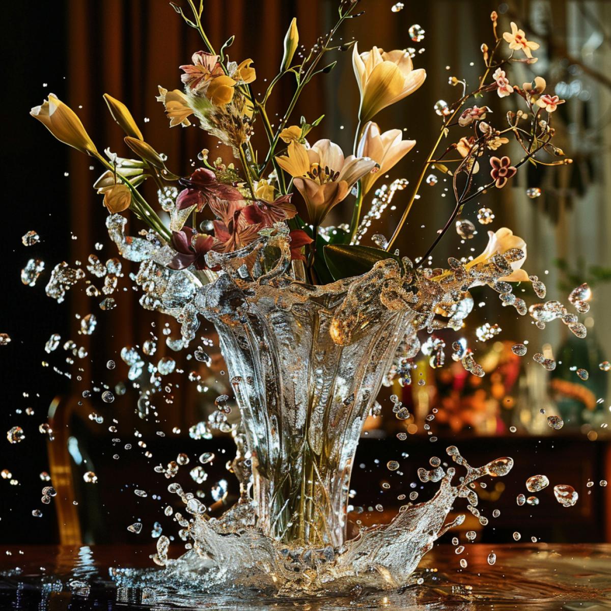 A beautiful crystal vase will fall from the table, in flight, spectacular, spray, flowers
