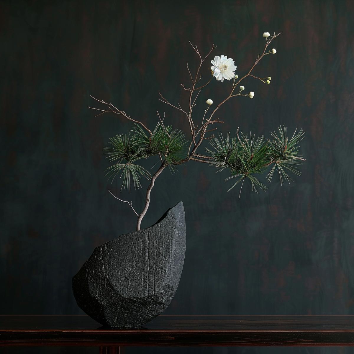 Japanese ikebana, ancient art in the style of Nagueire (投げ入れ 投げ入れ), in a high vase with a narrow neck, branches of Japanese pine and white chrysanthemum and orchid, curved dry, curved bent twilights, minimalism and sophistication, studio professional photo on a dark background, stage soft light, dockery, dot lighting, dockey lighting