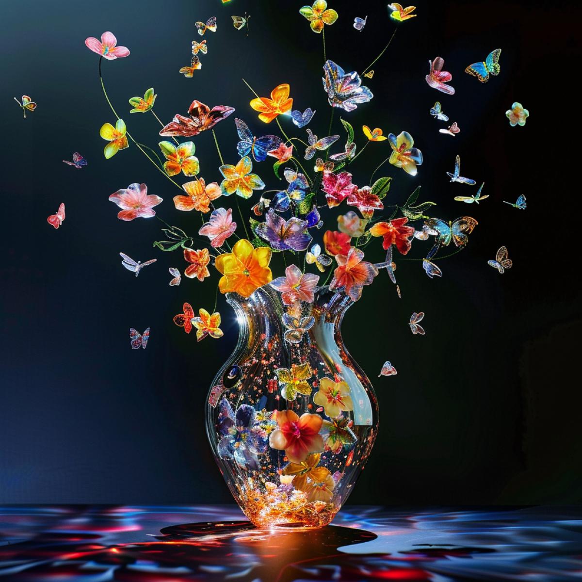 A beautiful crystal vase will fall from the table, in flight, spectacular, spray, flowers