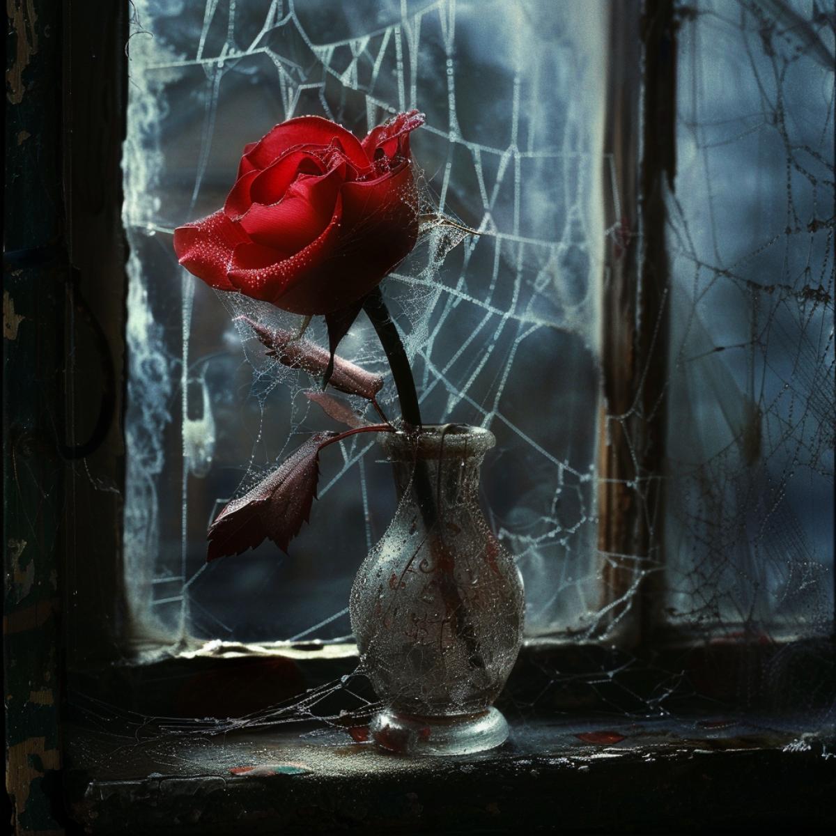 Surrealistic picture: a large red rose bud is shrouded in a fluffy web, large beautiful petals, delicate, stands in a vase on an old windowsill, night, aesthetically, filigree, background of dark closeup
