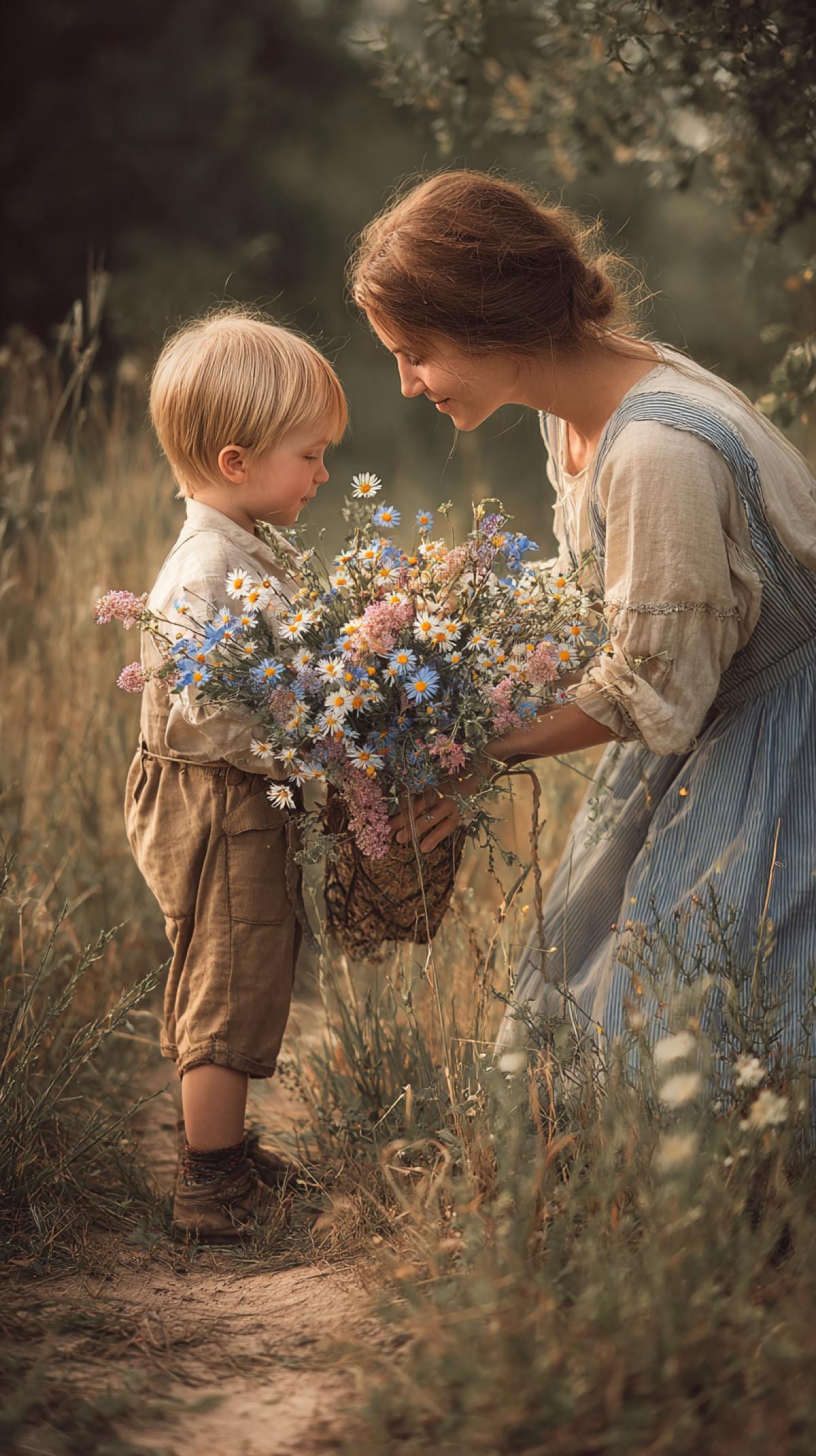 a little boy gives a bouquet of wildflowers to his mother, touching scene, super detailed, professional photo, beautiful rustic Russian nature